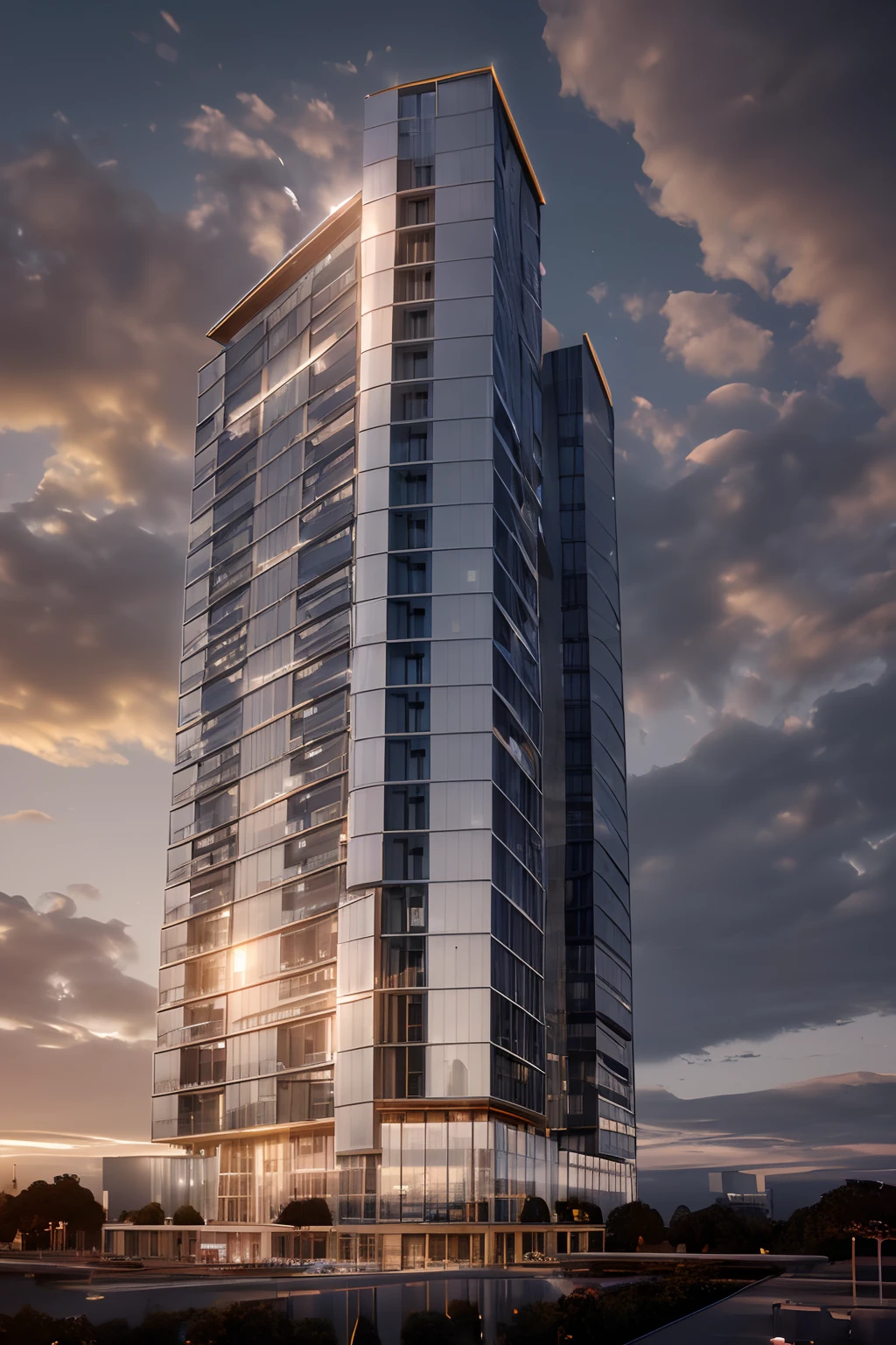 night view of a tall building with a lot of windows, night view, golden hour, mantra rendering, rendered in corona, mid-view, radiosity rendering, skybridge towers, rendering of checkmate, pre-rendered, oktane render, highly photographic render, arhitectural shot, wide angle exterior 2022, artistic render, colossal tower