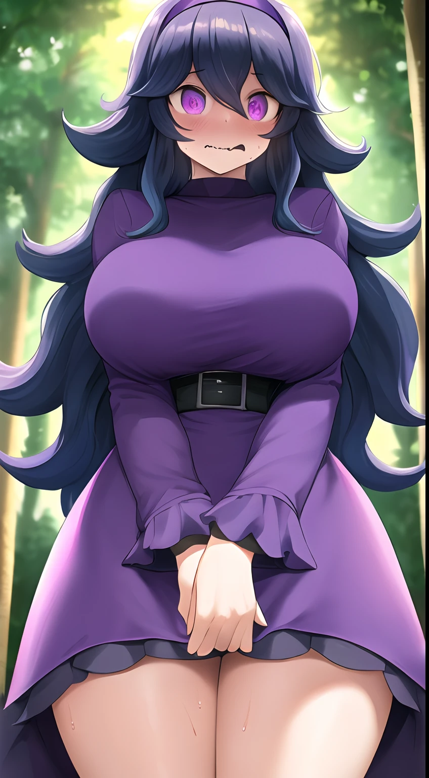 (masterpiece),(1girl),(hex maniac),(purple hairband),(@ @),(wavy mouth),(sweat),(purple dress),(wavy hair),(breast),(cowboy shot),(looking at viewer),(from front:1.1),(Forest),(Night),(backlighting)