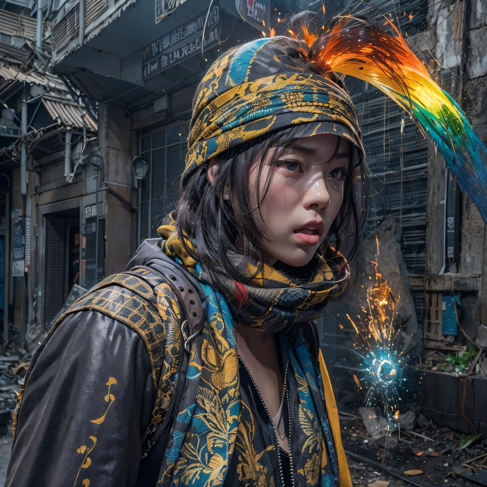 (Rainbow ruins)Climb the streets(Doomsday Rainbow)eyes filled with angry,He clenched his fists,Rush up,Deliver a fatal blow to your opponent,full bodyesbian,Full Body Male Mage 32K(Masterpiece rainbow,Rainbow Ultra HD)Long flowing black hair,Campsite size,zydink, The wounded lined up in the streets(Doomsday ruins rainbow)Climb the streets, The scene of the explosion(Rainbow Doomsday Ruins), (Linen batik scarf), Angry fighting stance, looking at the ground, Batik linen bandana, Chinese python pattern long-sleeved garment, rainbowing(Abstract propylene splash:1.2), Dark clouds lightning background,Flour flies(realisticlying:1.4),Black color hair,Flour fluttering,rainbow background, A high resolution, the detail, RAW photogr, Sharp Re, Nikon D850 Film Stock Photo by Jefferies Lee 4 Kodak Portra 400 Camera F1.6 shots, Rich colors, ultra-realistic vivid textures, Dramatic lighting, Unreal Engine Art Station Trend, cinestir 800,Flowing black hair,(((rainbowing)))The wounded lined up in the streets(rainbowing)Climb the streets,