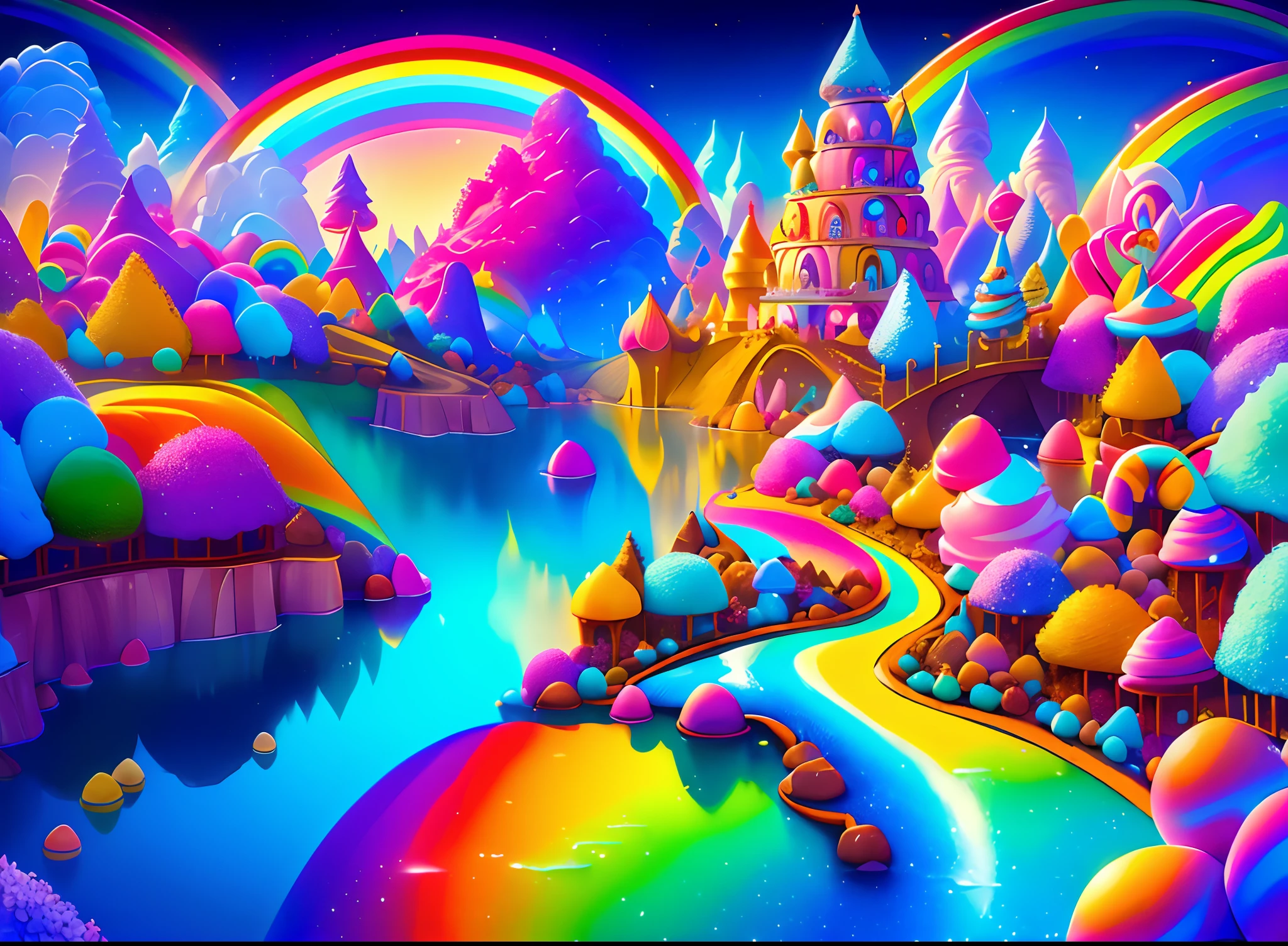 (tmasterpiece, Best quality:1.3), hyper-high detail, fantasy, 8K, candyland, Dynamic,SENSE OF CINEMA, Ultra detail, Full background, dream magical, illustration, water dripping, glittery, (Odd cookies:1.3), (Ocean), , syrup, glitters, scenery, ((No Man)), ((Drizzle,The rainbow hangs high in the air)), (Shiny:1.2), Various colors, Monolithic, (full bloom:0.4), extremely detaile, (Yellow and brown theme:1.3), streaked, Rainbow, (gradients), Fruit Kingdom, Lively, Perfectcomposition