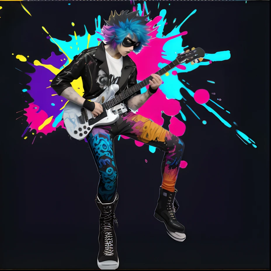 Full body Character,Yellow background,crayon drawing, young human playing guitar,
deformation art,crayon drawing,abstract art,oil painting,wearing cool pants,cool legs,
active,wearing black boots,well balanced legs,masterpiece,
