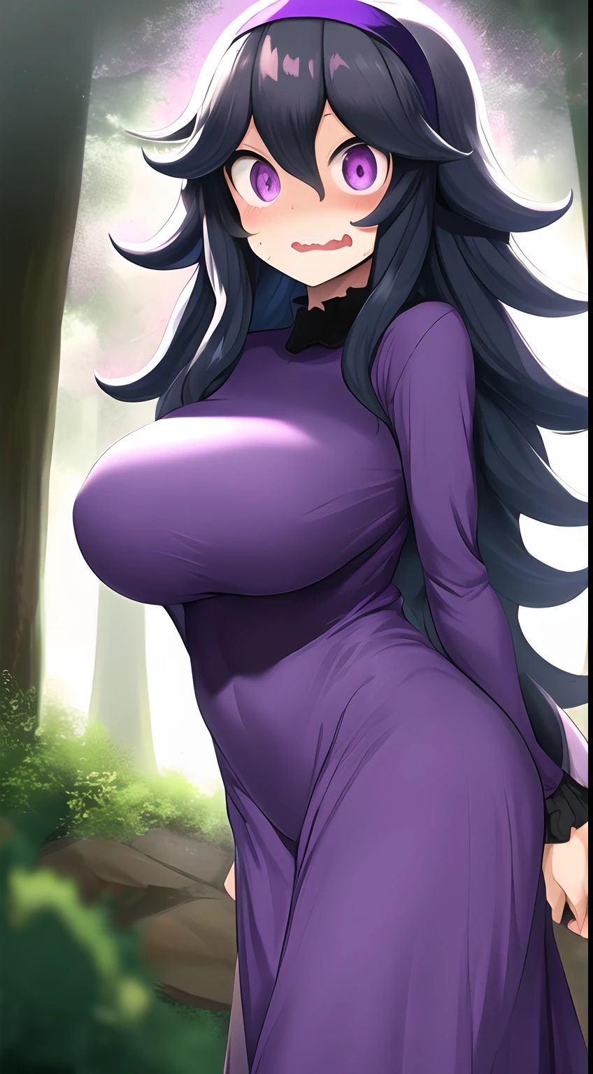 (masterpiece),(1girl),(hex maniac),(purple hairband),(@ @),(wavy mouth),(sweat),(purple dress),(wavy hair),(breast),(cowboy shot),(looking at viewer),(from front:1.1),(Forest),(Night),(backlighting)