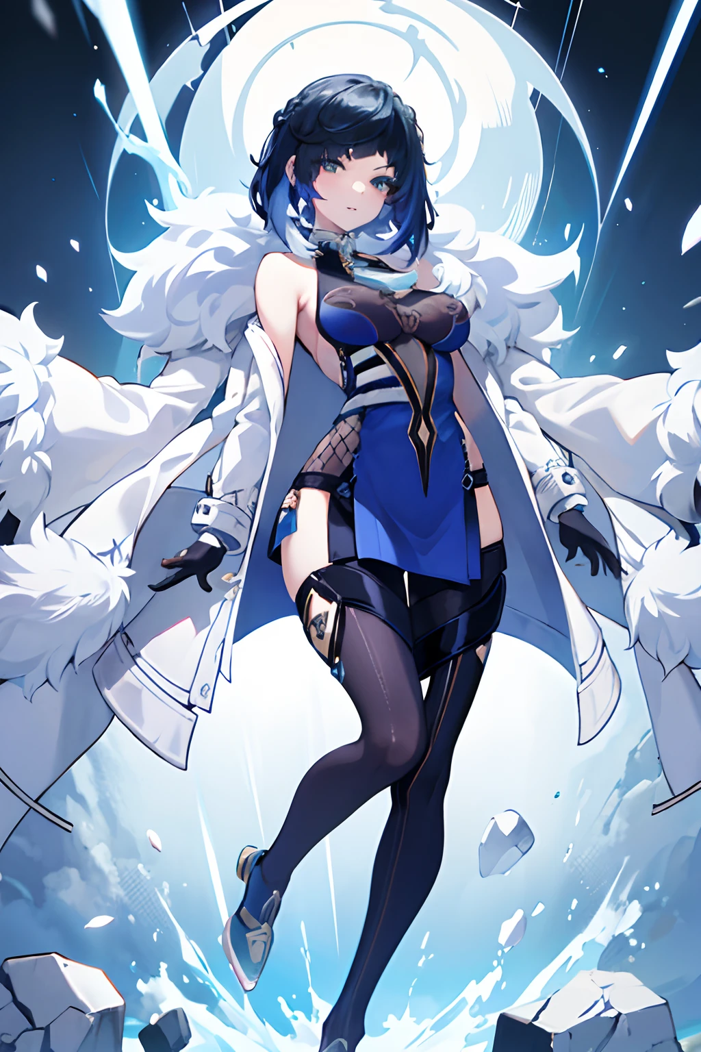 Illustration, UHD, retina, masterpiece, accurate, anatomically correct, super detail, high details, high quality, award winning, best quality, highres, good anatomy, 1080P, HD, 4K, 8k, 16k, 1girl, dynamic pose, androgynous, full body, detailed eyes, detailed clothes, detailed hair, rendering, strands of hair, cute waifu, yelan, full body, smiling, white background, hands on side