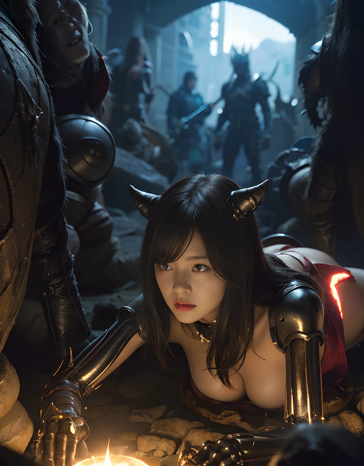 (One Knight Girl)、top-quality、masterpiece、超A high resolution、(Photorealsitic:1.4)、Raw photo、1人、Fight mutants、(Wear the Dark Knight's Armor)、glowy skin、(((Dark Fantasy)))、With a beautiful sword and shield、(Black Metal Bodysuit)、(Fight goblins、ogre、Fierce battle with orcs),(Fight fiercely against aliens)、Fight fiercely、(Skeleton collective background),(Background of decaying dungeon ruins)、(Skeleton helmet)、(Fighting Demonic Beasts)、(Small LED)、((super realistic details))、portlate、(Strong giant demon beast background),globalillumination、Shadow、octan render、8K、ultrasharp、Colossal tits、Raw skin is exposed in cleavage、metals、Details of complex ornaments、Japan details、highly intricate detail、Realistic light、(Mystical expression),CGSoation Trends、Red Eyes、radiant eyes、Facing the camera、neon details、(Mechanical limbs)、(blood vessels connected to tubes)、()、Gundam、Small LED、Toostock、(Fight aliens on another planet)、(Attack of the Monster Beasts)、(Wounded in a deadly battle)、