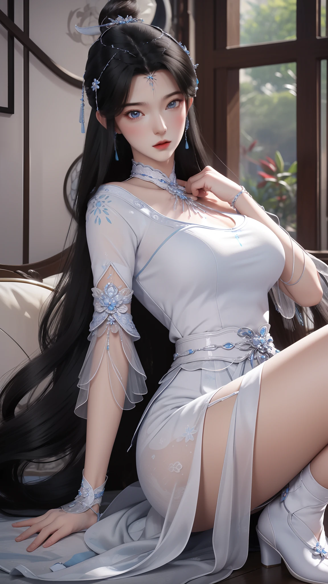 one-girl，Wearing a white dress、Hair flutters，Long black hair、largeeyes、adolable，Pure，******** old、Light blue sundress、Red blush、White transparent socks，high-heels，full bodyesbian，full body pov,Cute big breasts，highly detailed exquisite fanart,animemanga girl，Delicate facial features