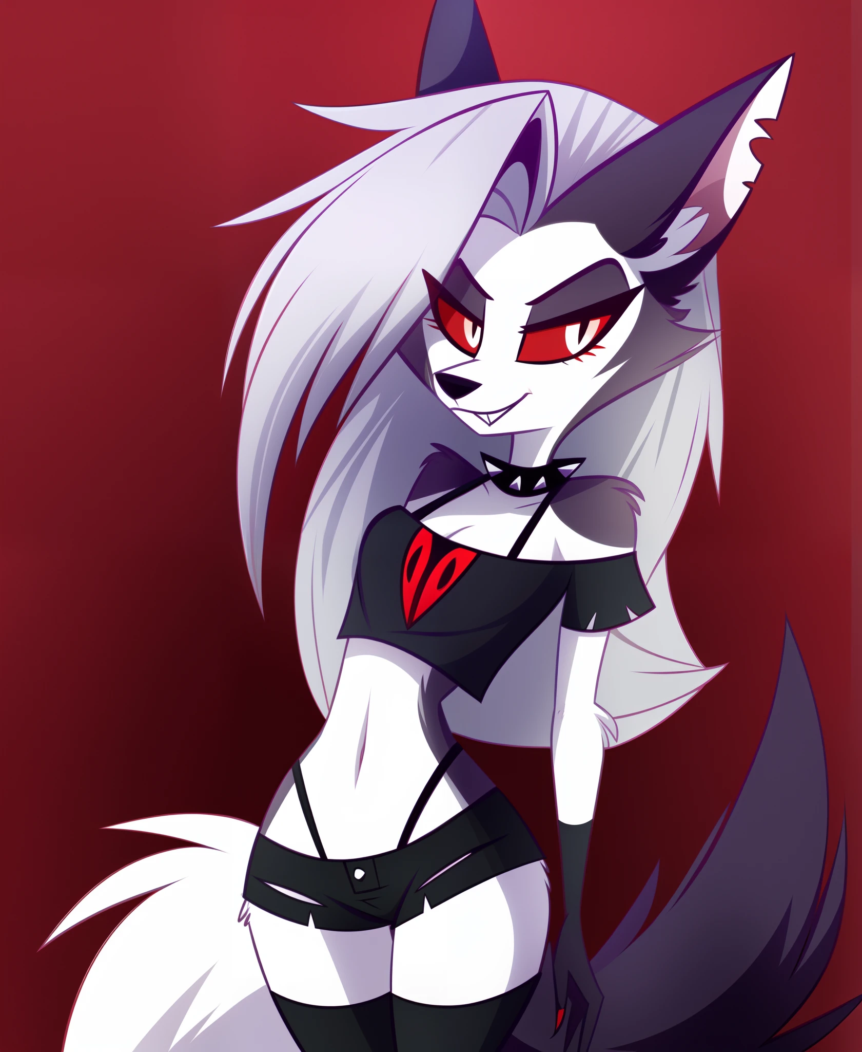 (Vivziepop style), anthro, canid, canid demon, demon, female, hellhound, helluva boss, instagram, (loona), mammal, midriff, official art, red sclera, safe content, shoulderless shirt, solo, long grey hair, (by vivzmind)