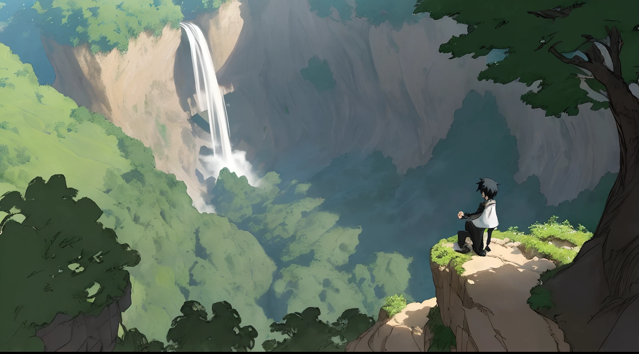 Kirito stay on a cliff and look to valley with waterfall