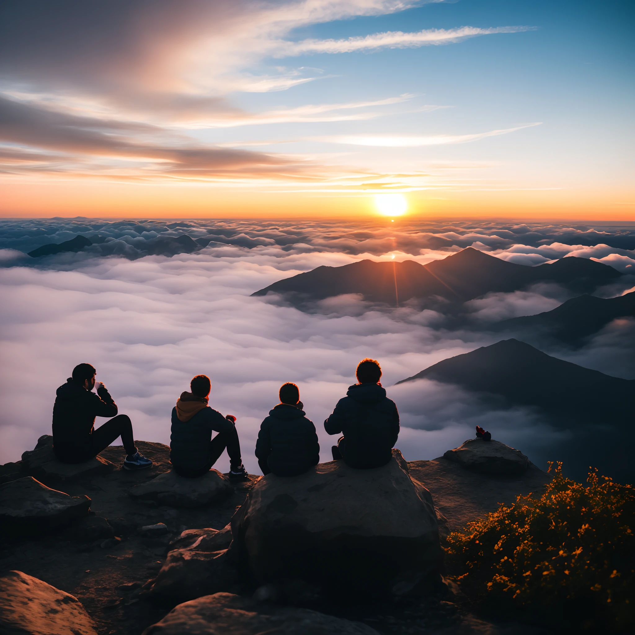 People sit on top of a mountain and watch the sunset, At the summit, on top of mountain, heaven in the top, At the top of a mountain, watching the sunset, Above the clouds, during sunrise, onthe mountain, chill time. Good view, calmly conversing 8k, high-quality photo, late sunset