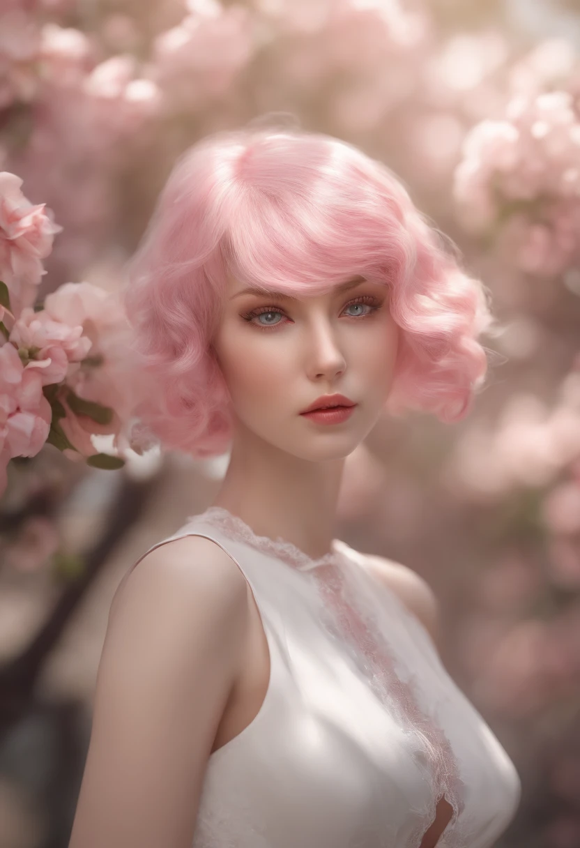 high quality,masterpiece,extremely detailed,high res,4k,ultra high res,detailed shadow,ultra realistic,realistic,dramatic lighting,1girl,solo,detailed face,realistic eyes,realistic skin,pink hair,dynamic pose, dynamic angle, white flowery dress, short hair cut,white background