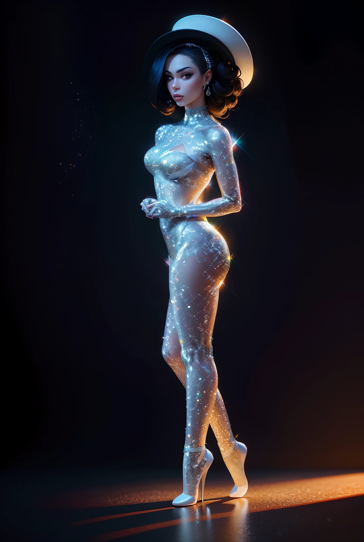 Araffe woman in a white dress and black hat posing, arte digital de um elegante, Inspirado em Hajime Sorayama, hajime sorayama menina projetada, retrato de Haifa Wehbe, inspirado em Patrick Nagel, Menina Bond, 3d render da mulher-gato, Estilo Hajime Sorayama, acentos de glitter na figura, anime barbie em branco