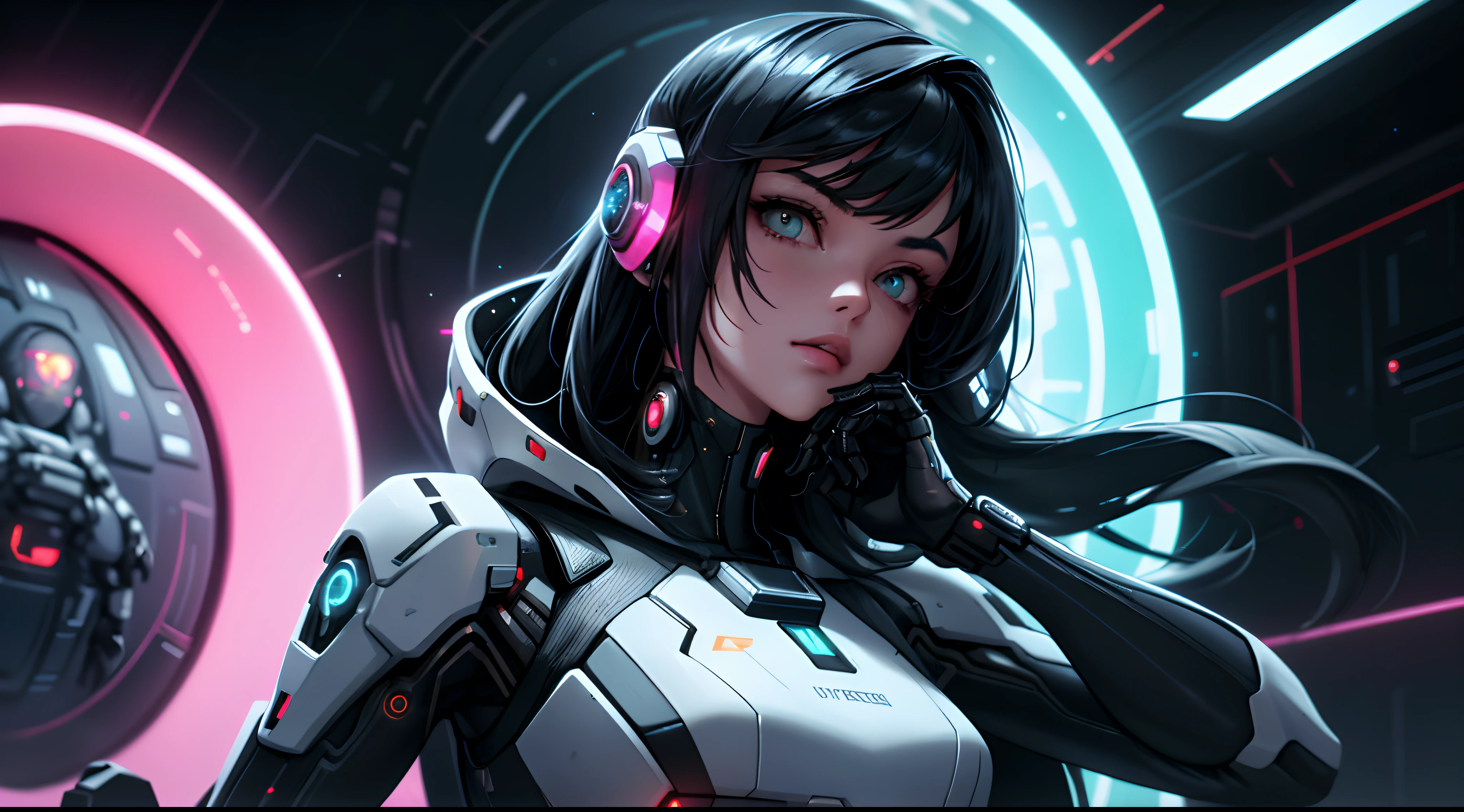 1 girl, upper body, single focus, cybernetic enhancements, sleek cyberpunk attire with a space theme, (cosmic backdrop: 1.4), (intergalactic hackers: 1.3), cybernetic features, futuristic aura, [depth of field, ambient lighting, cyberpunk style foreground, cyber-enhanced look], Space Cyberpunk, interstellar hacking, cybernetic adventures, (neon elements), (futuristic accessories: 1.2), intricate details, enhanced lighting.