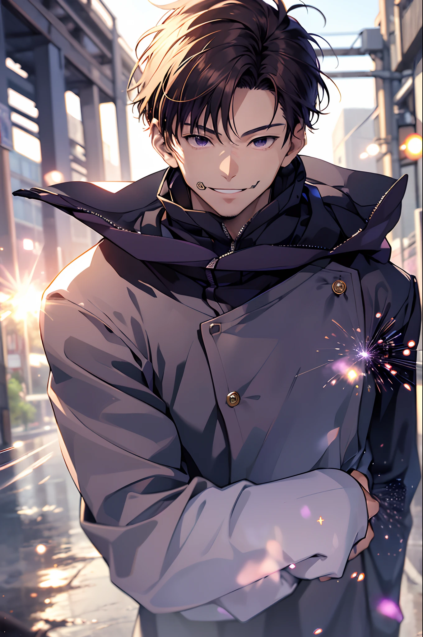 (masterpiece, best quality:1.2), gojo satoru, action pose,dust particle effect, sunflares, purple power, movie composition, bokeh, depth of field, blindfold, smiling, cowboy shot, solo, male focus, 1boy, gojo satoru, expresionless, looking at viewer, black jacket rich on details