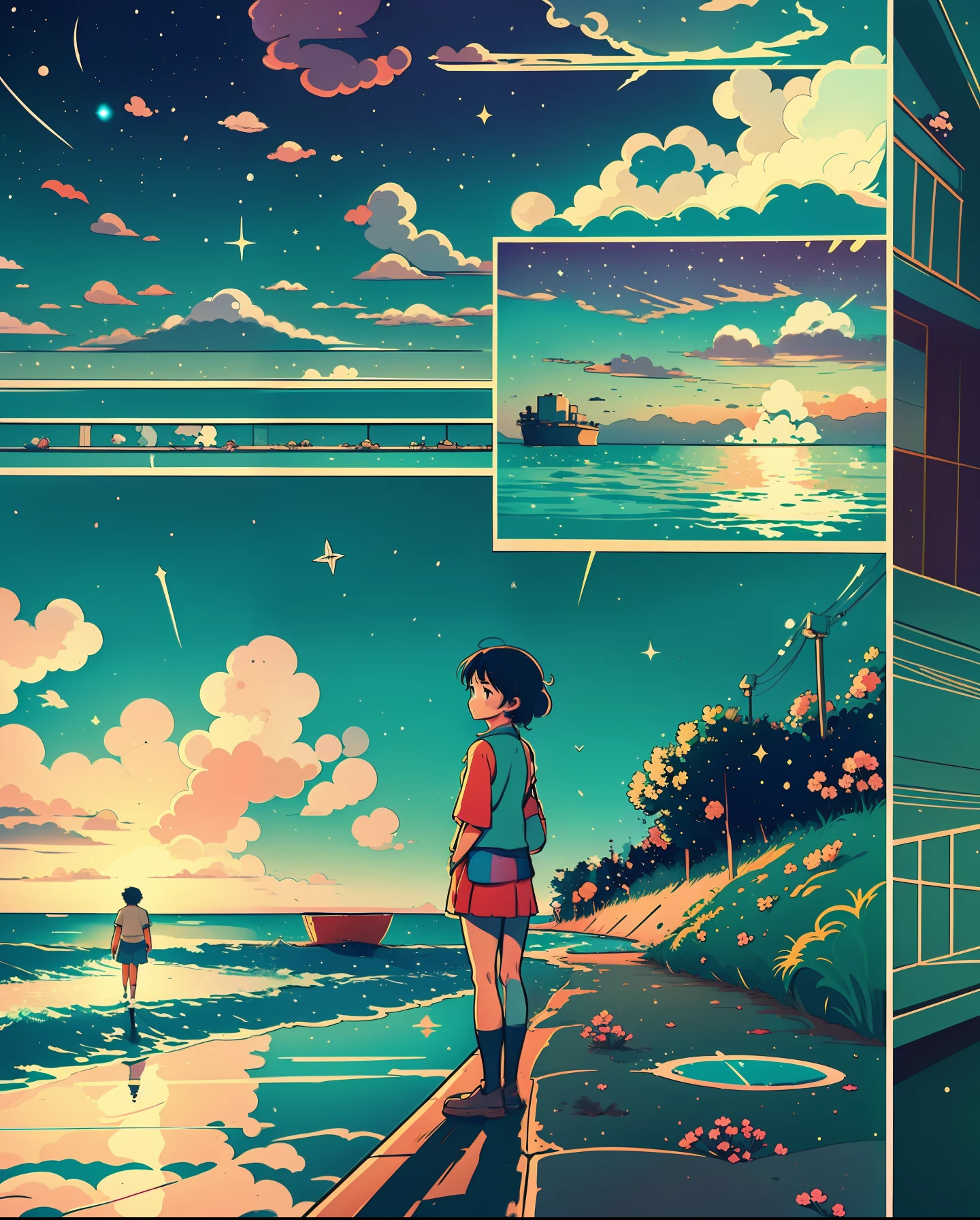 A captivating comic strip showcasing the life of an anime college student standing by the sea, each panel split in a cartoon-style format. The exceptional storyboard unfolds a masterpiece of a romantic couple under a bright starry sky. The scene is reminiscent of Makoto Shinkai's iconic style, with a touch of Pisif's concept-art. The entire composition is presented in a lofi art style, emphasizing reflection. Width 672 pixels, capturing the detailed scenery in the style of Makoto Shinkai, with enhanced detail