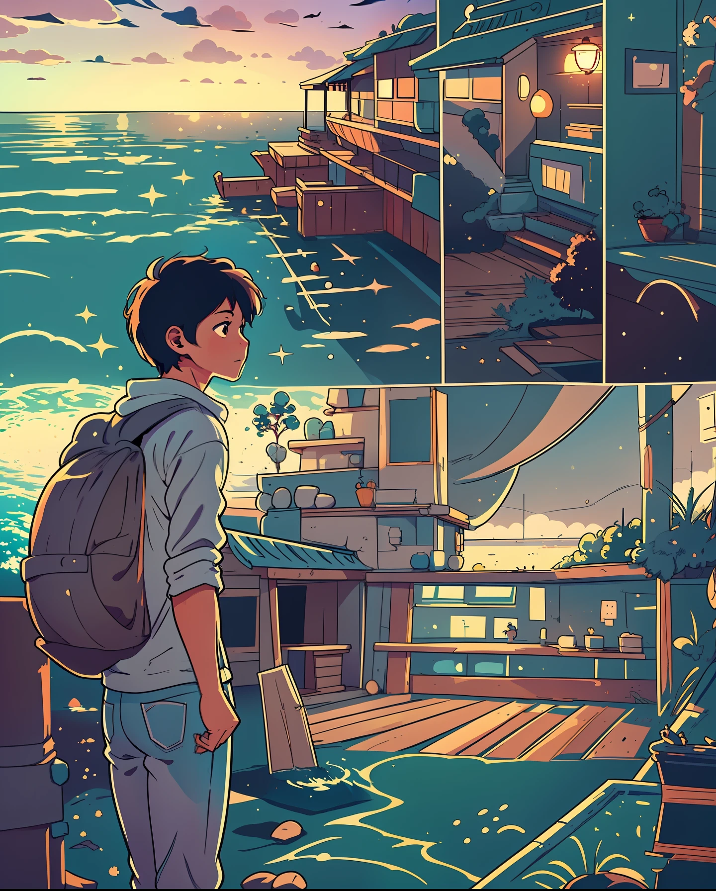 A captivating comic strip showcasing the life of an anime college student standing by the sea, each panel split in a cartoon-style format. The exceptional storyboard unfolds a masterpiece of a romantic couple under a bright starry sky. The scene is reminiscent of Makoto Shinkai's iconic style, with a touch of Pisif's concept-art. The entire composition is presented in a lofi art style, emphasizing reflection. Width 672 pixels, capturing the detailed scenery in the style of Makoto Shinkai, with enhanced detail