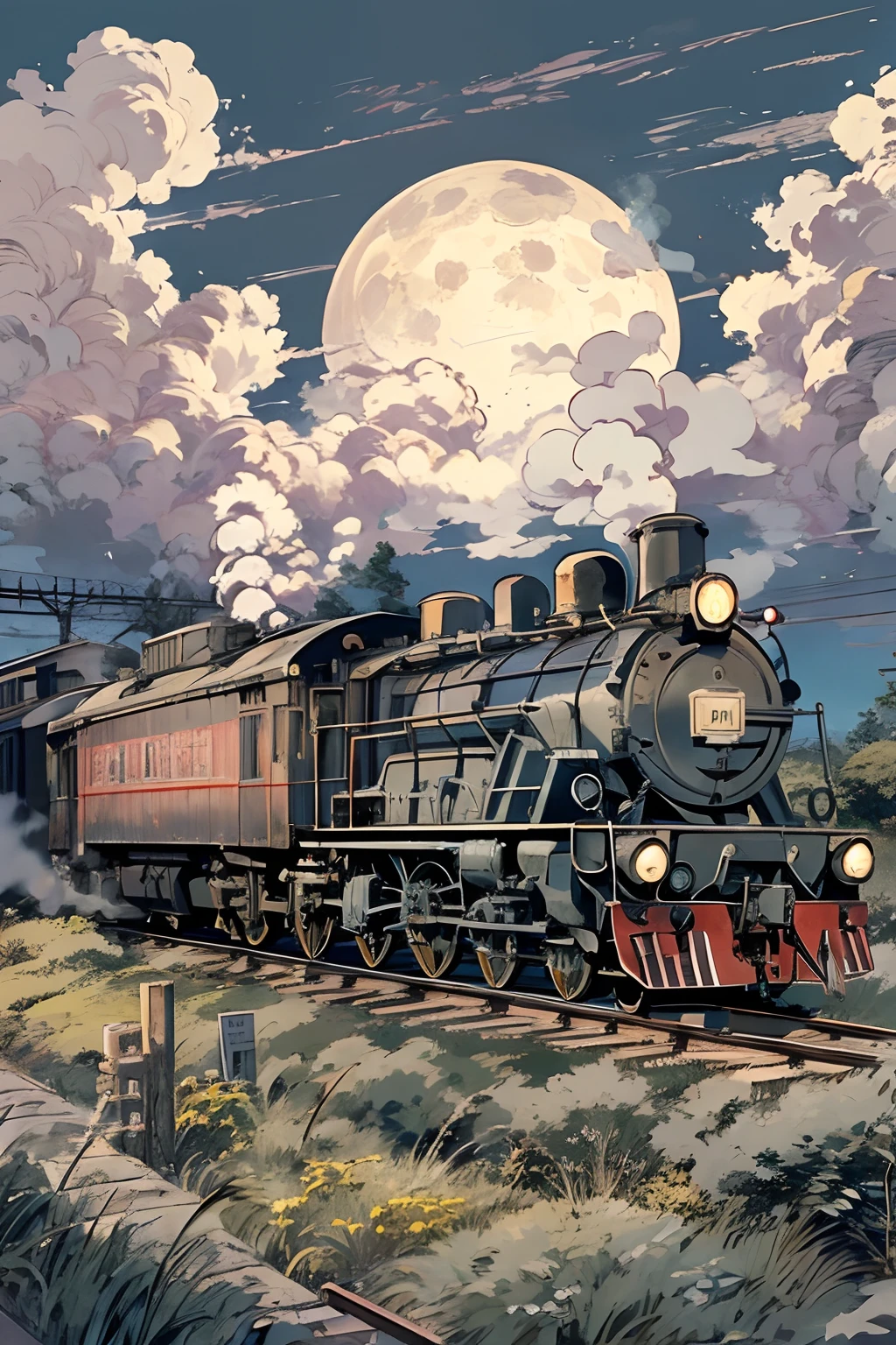 Locomotive with smoke in the center、headlight、Japan countryside、Cinematic scenery、Ghibli、Big Moon、Clouds,masutepiece,Best Quality,Sketch style、
