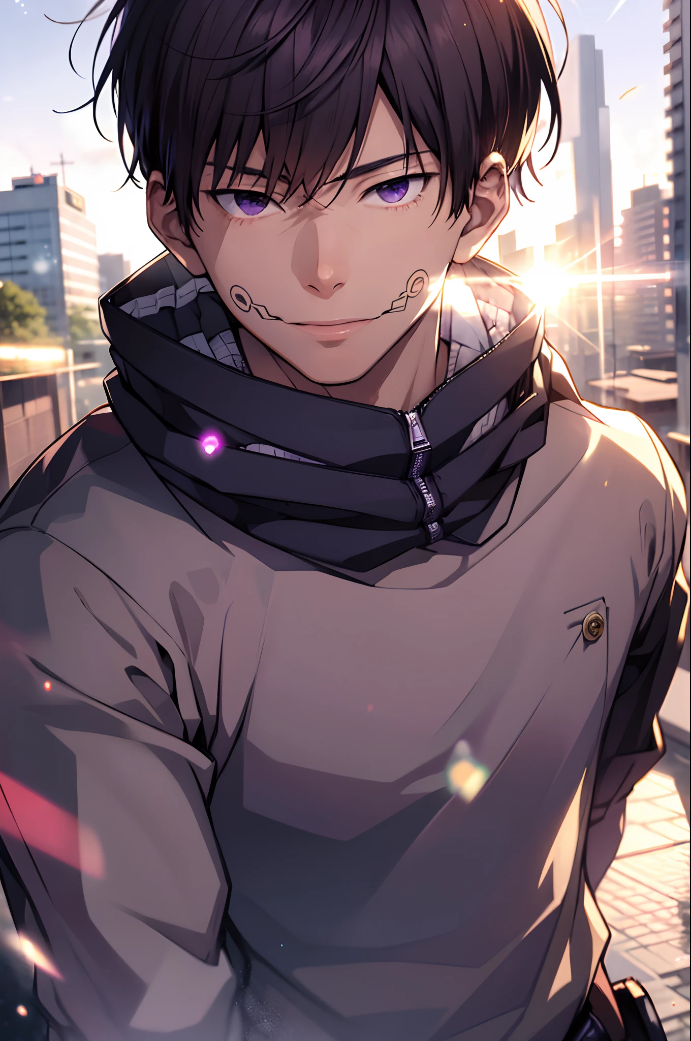(masterpiece, best quality:1.2), gojo satoru, action pose,dust particle effect, sunflares, purple power, movie composition, bokeh, depth of field, blindfold, smiling, cowboy shot, solo, male focus, 1boy, gojo satoru, expresionless, looking at viewer, black jacket rich on details