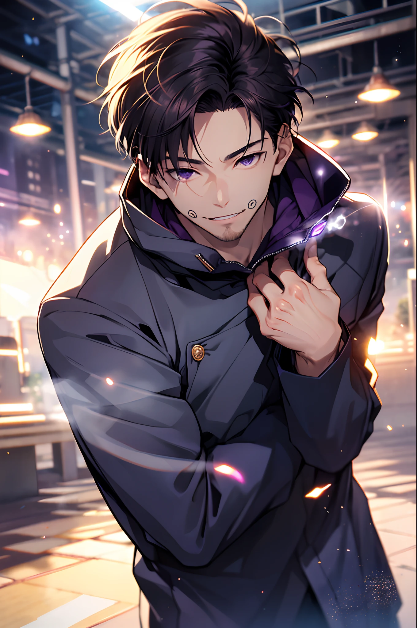 (masterpiece, best quality:1.2), gojo satoru, action pose,dust particle effect, sunflares, purple power, movie composition, bokeh, depth of field, blindfold, smiling, cowboy shot, solo, male focus, 1boy, gojo satoru, expresionless, looking at viewer, black jacket rich on details