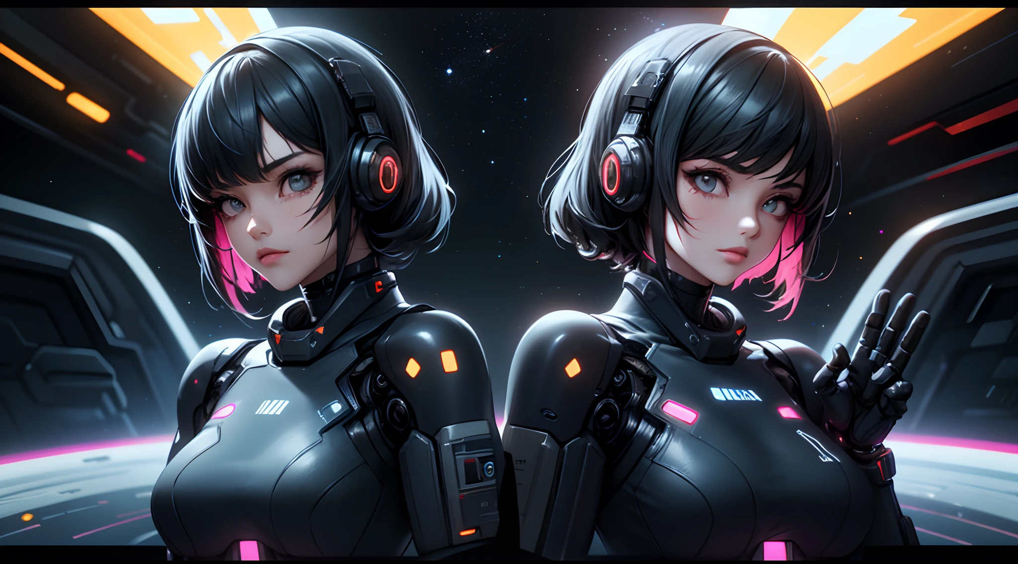 1 girl, upper body, single focus, cybernetic enhancements, sleek cyberpunk attire with a space theme, (cosmic backdrop: 1.4), (intergalactic hackers: 1.3), cybernetic features, futuristic aura, [depth of field, ambient lighting, cyberpunk style foreground, cyber-enhanced look], Space Cyberpunk, interstellar hacking, cybernetic adventures, (neon elements), (futuristic accessories: 1.2), intricate details, enhanced lighting.