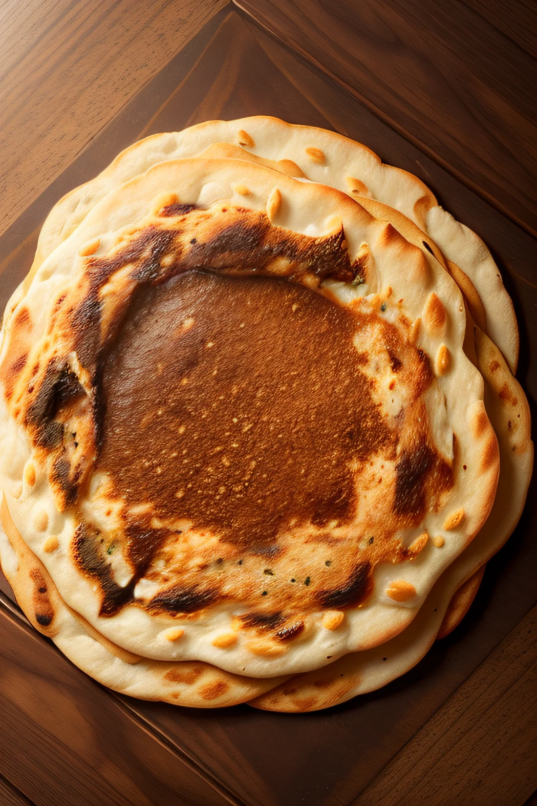 A piece of flatbread,Some burnt,round form,No decoration required,Unleavened bread,no cuts,No background,lichen,A