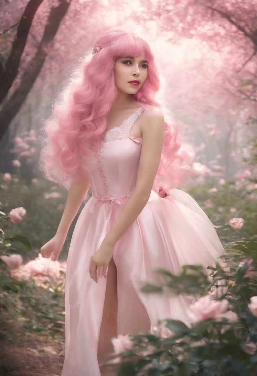 A pretty girl，Take a walk in the forest，With his back to the camera，full bodyesbian，Wearing a pink sailor suit，Half leg white silk，Flowing pink hair，k hd，4K，A high resolution，slender leg，The characters are farther away