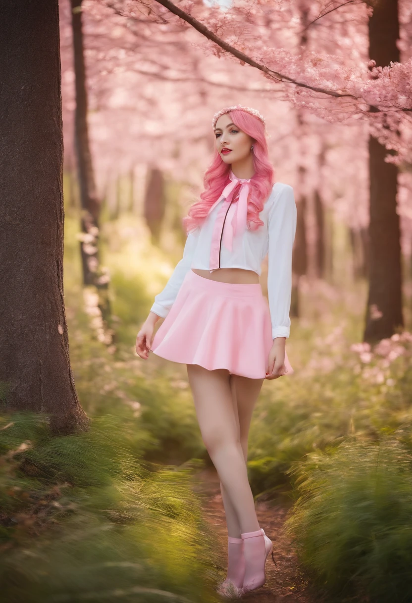 A pretty girl,Take a walk in the forest,With his back to the camera,full bodyesbian,Wearing a pink sailor suit,Half leg white silk,Flowing pink hair,k hd,4K,A high resolution,slender leg,The characters are farther away