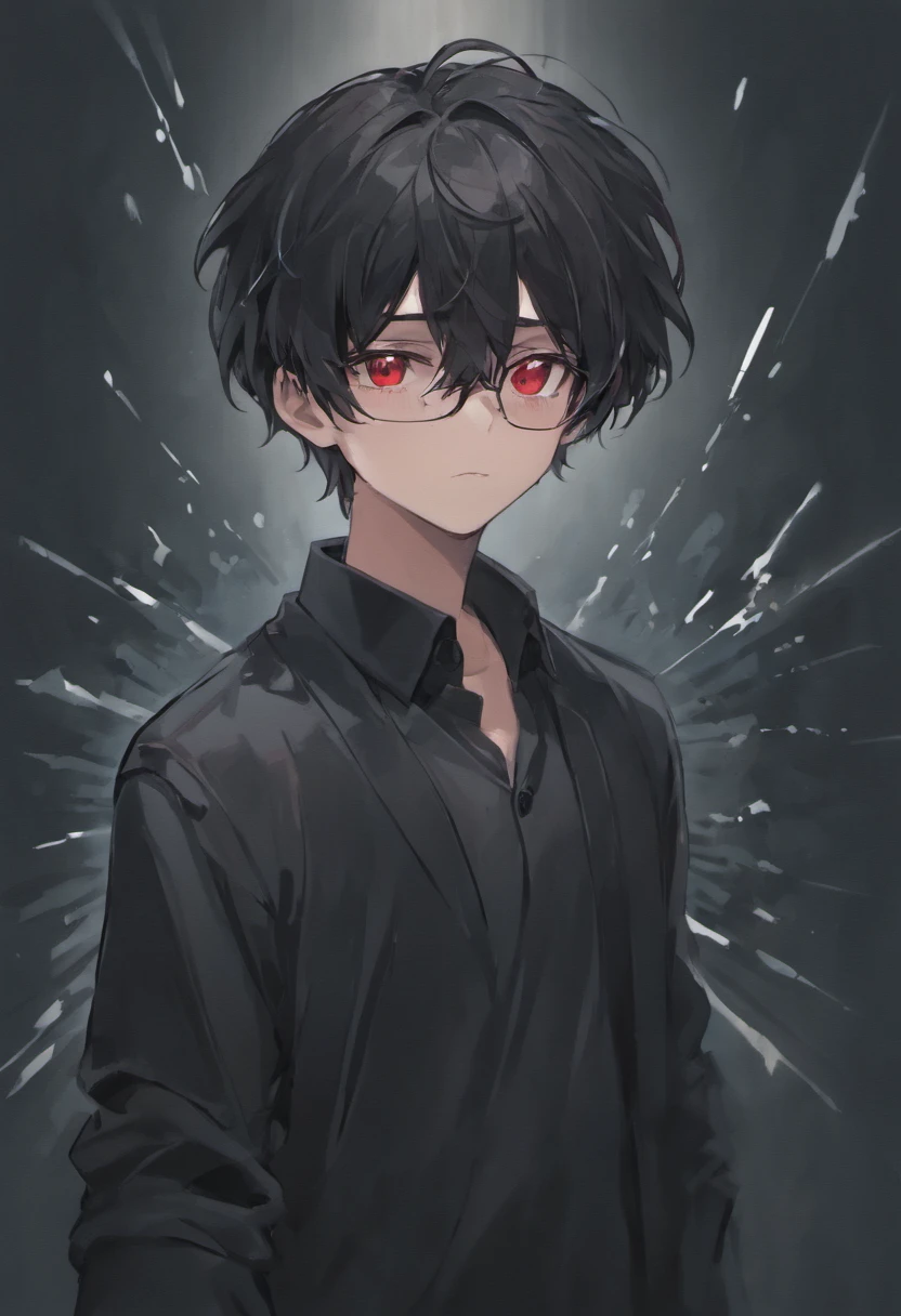 16 yaers old，Libido boy，Shota，round Glasses, Black color hair，black shirt，Square glasses，apathy，long whitr hair，with long bangs(Masterpiece, illustration, anime big breast:1.3), Anime boy, Black eyes, Long black hair, In the dark, black shirt:1.2), (Disheveled black hair:1.1), (Red eyes that glow red:1.2), (Calm expression:1.1), (Uncovered Eyes:1.1), (Strong presence:1.2), (Enigmatic Atmosphere:1.2), (Subtle Moonlight:1.1), (Ominous Shadows:1.1), (Detailed folds and creases:1.1), (Intense Blue Aura:1.2), (A symbol of power around him:1.1), (Magical energy radiation:1.2), (Ethereal particles:1.1), (Dynamic pose:1.2), (epic soundtrack:1.2), (sense of awe:1.1), (Magical prowess:1.1)