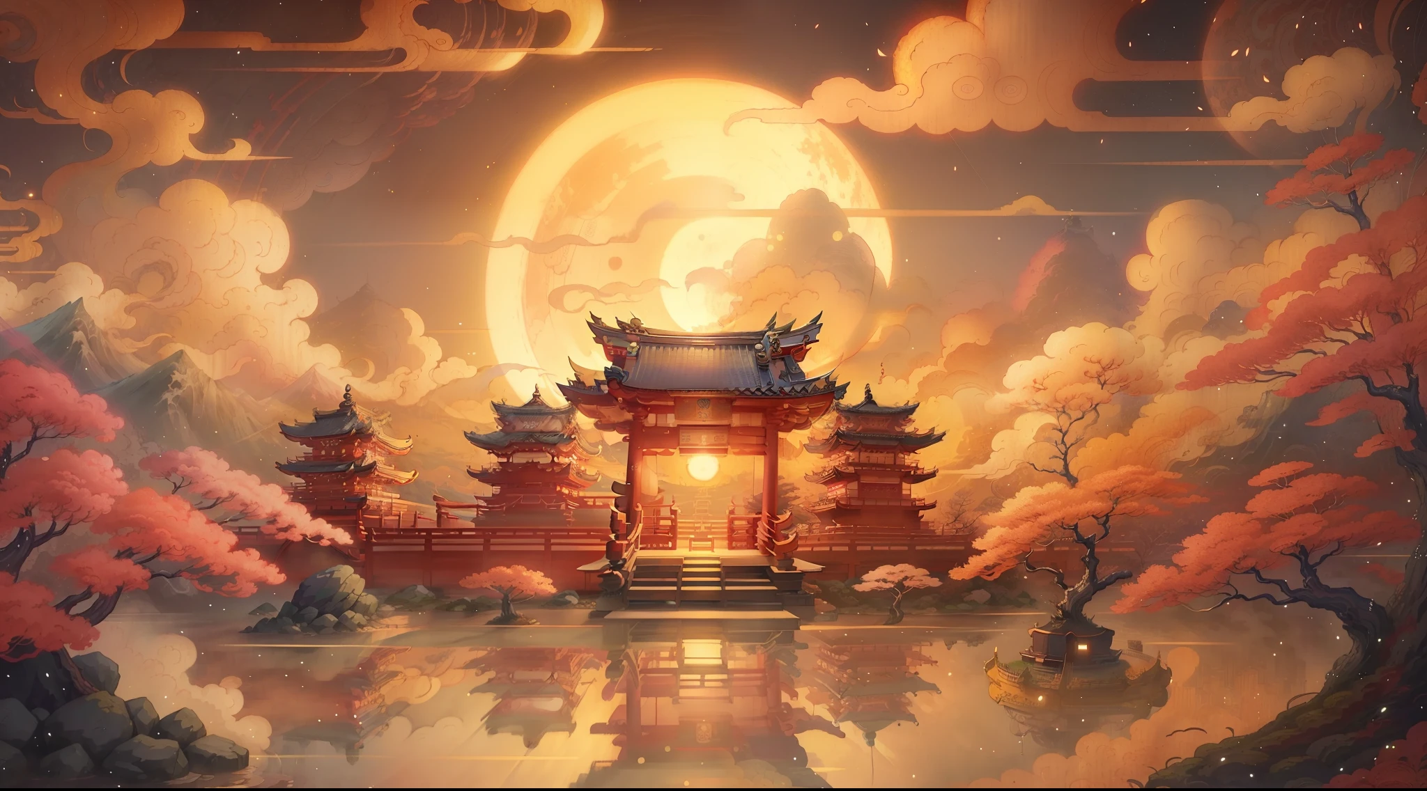 In the background is an illustration of a Japanese temple with a full moon, 8K high quality detailed art, 4k highly detailed digital art, Japanese art style, ross tran. scenery background, 4K detailed digital art, Guviz-style artwork, Praise Artstyle, trending on cgstation, Detailed painting 4 K, Anime art wallpaper 4k,Lots of detail