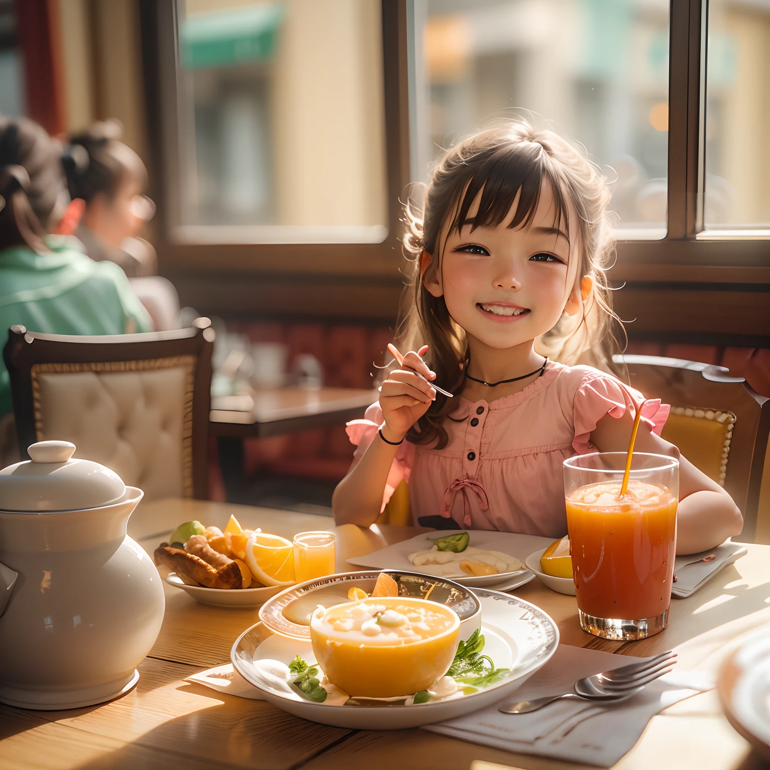 Western-style restaurant, A 5--old l sits at a dining table, ssmile, Juice on the table,Western breakfast on the plate, Sunlight outside the window.