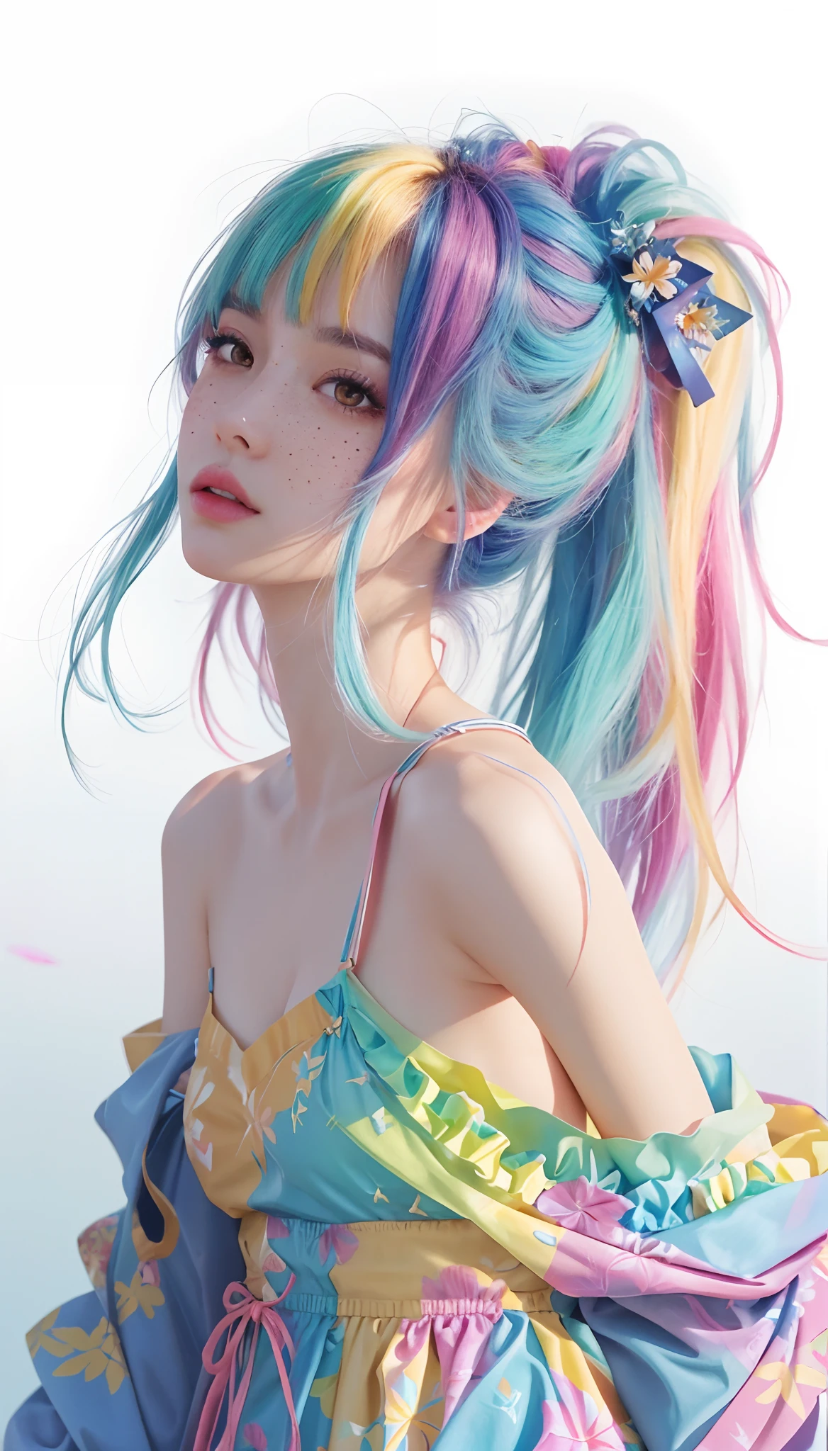 ((ultra - detailed)),((eyes with brightness)),(Detailed eyes),8K,winking,,((Realistic skin)),((Focus detail 2 straps on the shoulders of the clothes)),((Shiny facial skin)),Colorful hair and colorful dresses,Ross La cartoon is vibrant,,beautiful portraits,The artistic germ is rich and colorful!!!, !Dream Artgerm, Garden background blurred
