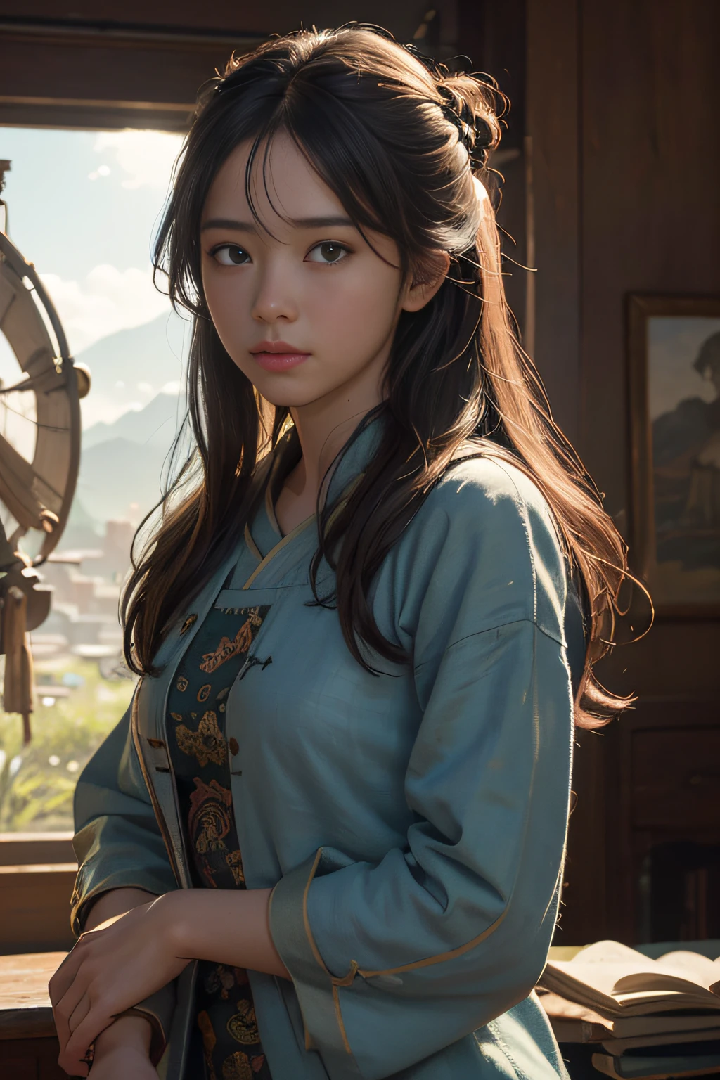 (RAW photo, best quality), (realistic, photo-realistic:1.3),best quality,highly detailed,masterpiece,ultra-detailed,illustration,1girl,upper_body,dynamic angle,world masterpiece theater,messy_long_hair,best quality,extremely detailed CG unity 8k wallpaper,ink,Amazing,cinematic lighting,lens_flare,,dunhuang_style