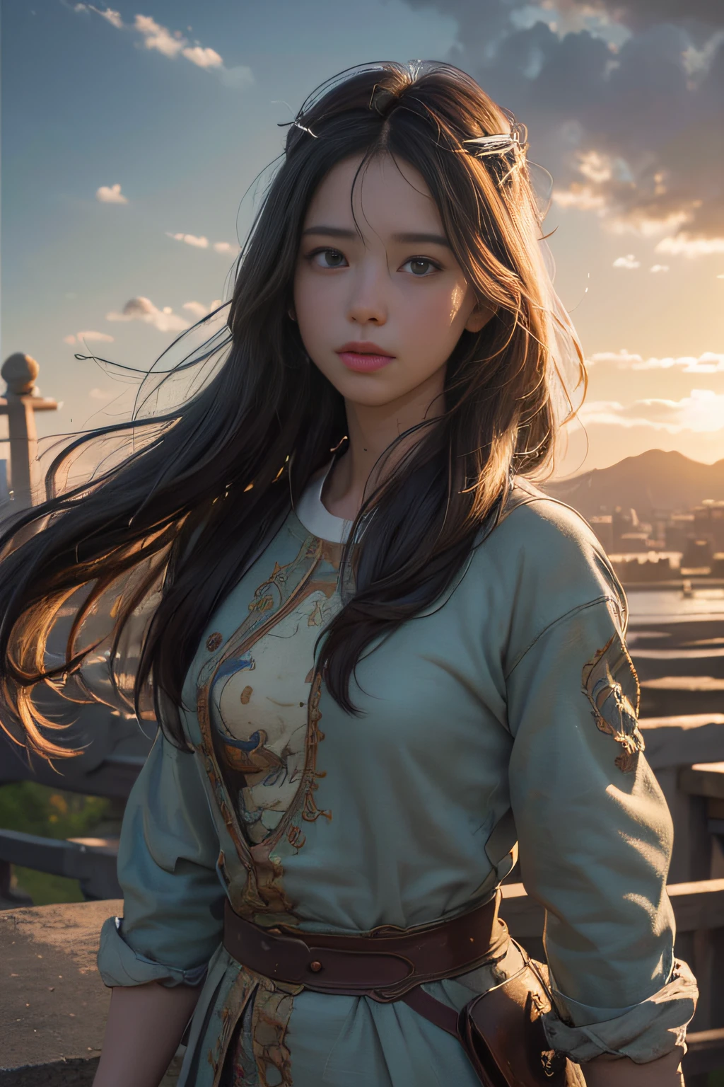 (RAW photo, best quality), (realistic, photo-realistic:1.3),best quality,highly detailed,masterpiece,ultra-detailed,illustration,1girl,upper_body,dynamic angle,world masterpiece theater,messy_long_hair,best quality,extremely detailed CG unity 8k wallpaper,ink,Amazing,cinematic lighting,lens_flare,,dunhuang_style