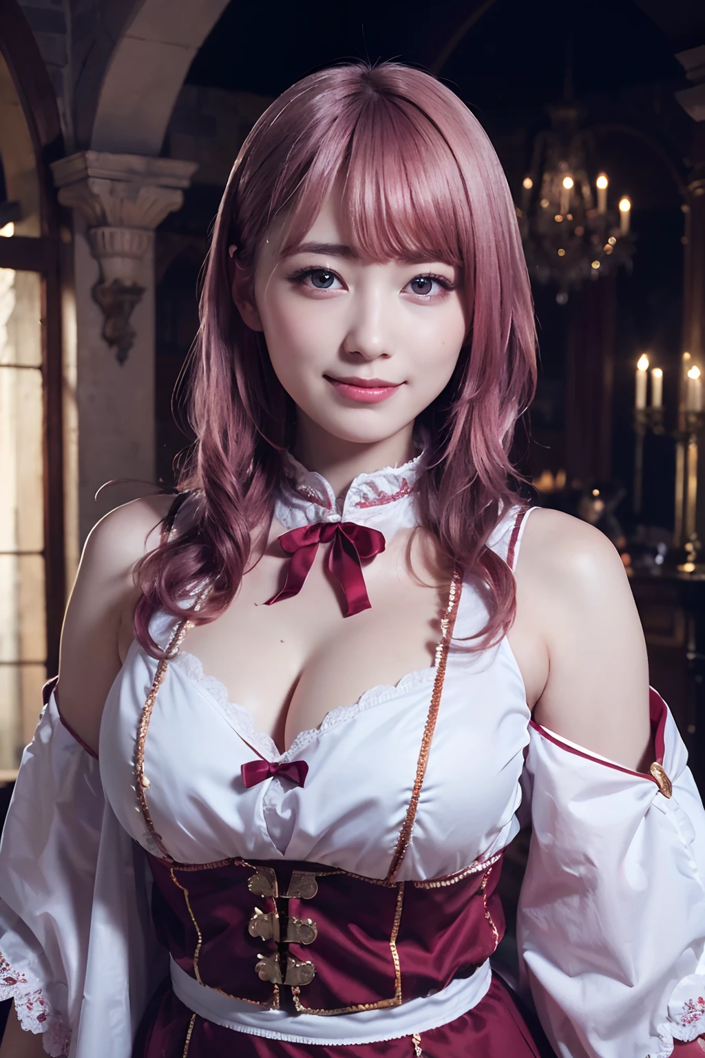 ((masterpiece)), ((best quality)), (ultra-detailed), ((extremely detailed)), 4K, (8K), best quality, (beautiful)0, castle, a cute girl, 1girl, solo, aristocratic costume, royalty, beautiful pink hair0, ((beautiful eyes)), large breast, light smile