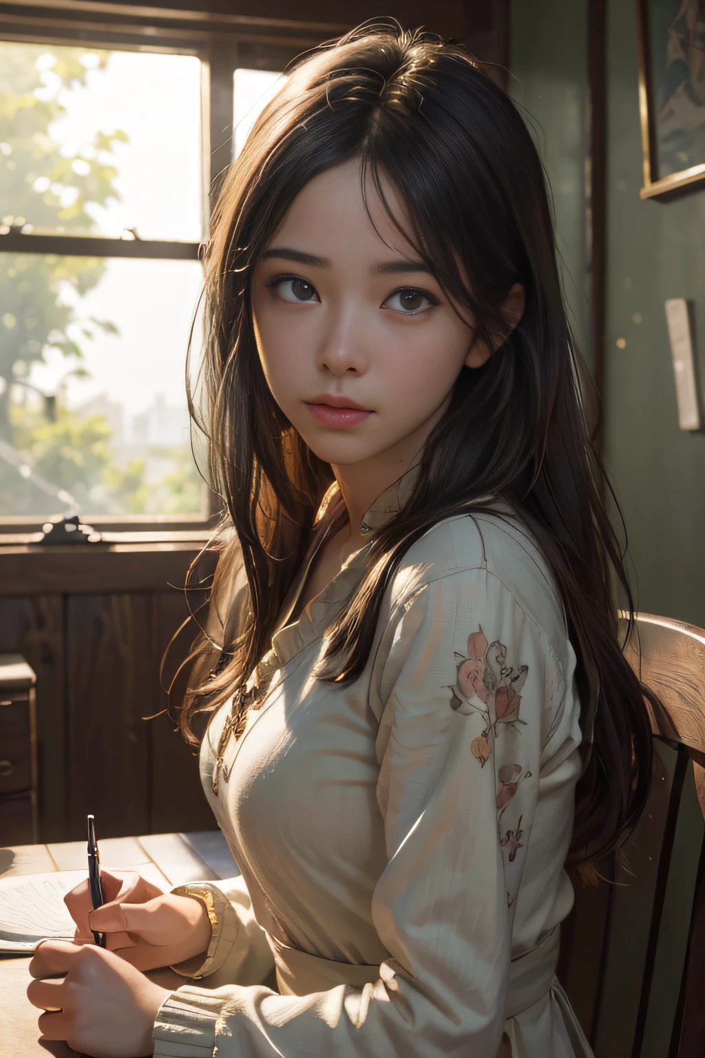 (RAW photo, best quality), (realistic, photo-realistic:1.3),best quality,highly detailed,masterpiece,ultra-detailed,illustration,1girl,upper_body,dynamic angle,world masterpiece theater,messy_long_hair,best quality,extremely detailed CG unity 8k wallpaper,ink,Amazing,cinematic lighting,lens_flare,,dunhuang_style