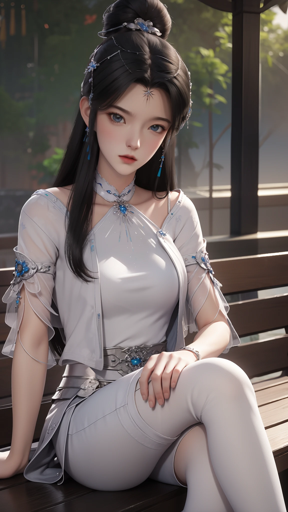 The prompts generated for a given topic are as follows: " (8K, Best quality, Masterpiece:1.2), Ultra-detailed, A high resolution, profesional lighting, Physically-based rendering, Cinematic lighting, Shallow depth of field, Focused, Sunlight, well-composed, (Bokeh:1.2), 1 girl, full bodyesbian, Enchanting smile, Beautiful eyes, Graceful posture, Wearing a short skirt, vests, sitting on a bench, Legs crossed, Gorgeous legs,black legging pants." Please note,Generate prompts based on the provided topics, and added additional details,Make the image more vivid and comprehensive.