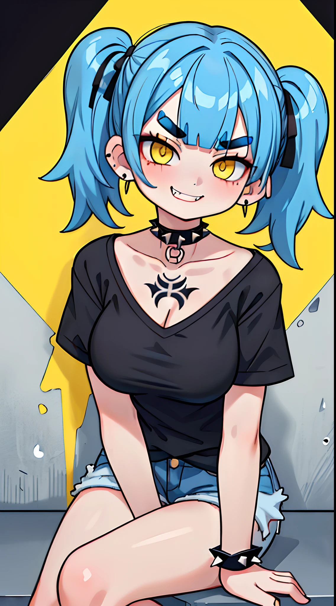 masterpiece, best quality, 1girl, ((blue hair)), ((Medium short hair)), ((messy Hair)), (Short hair), (((Unkempt hair))), ((big sized short twin tails)), ((diagonal bangs, blunt bangs, slant bangs, straight bangs)), ((Yellow eyes, yellow color contact lens, slant eyes)), ((thick eyebrows)), fangs, (((Spiteful smile, smirk, fangs))), ((wearing black short sleeve shirt)), spike choker, huge breasts, facial piercings, lots of earrings, tattoos, city, road, punk, pop, wall, sitting, looking at another