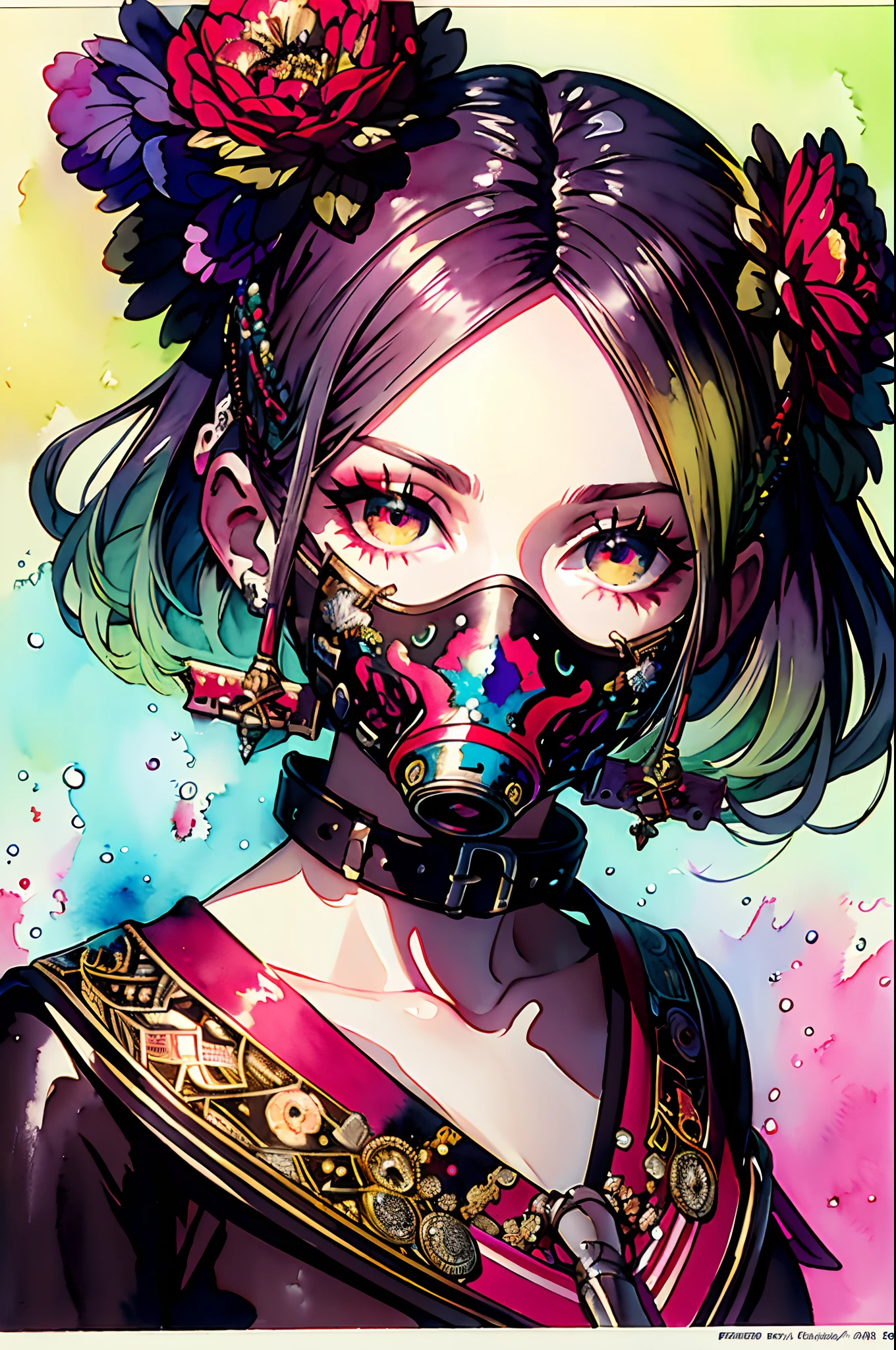 (masterpiece, top quality, best quality, official art, beautiful and aesthetic:1.2), 
(1girl:1.3),mask,
 extreme detailed,colorful,highest detailed,(watercolour painting:1.3), optical mixing, playful patterns, lively texture, unique visual effect