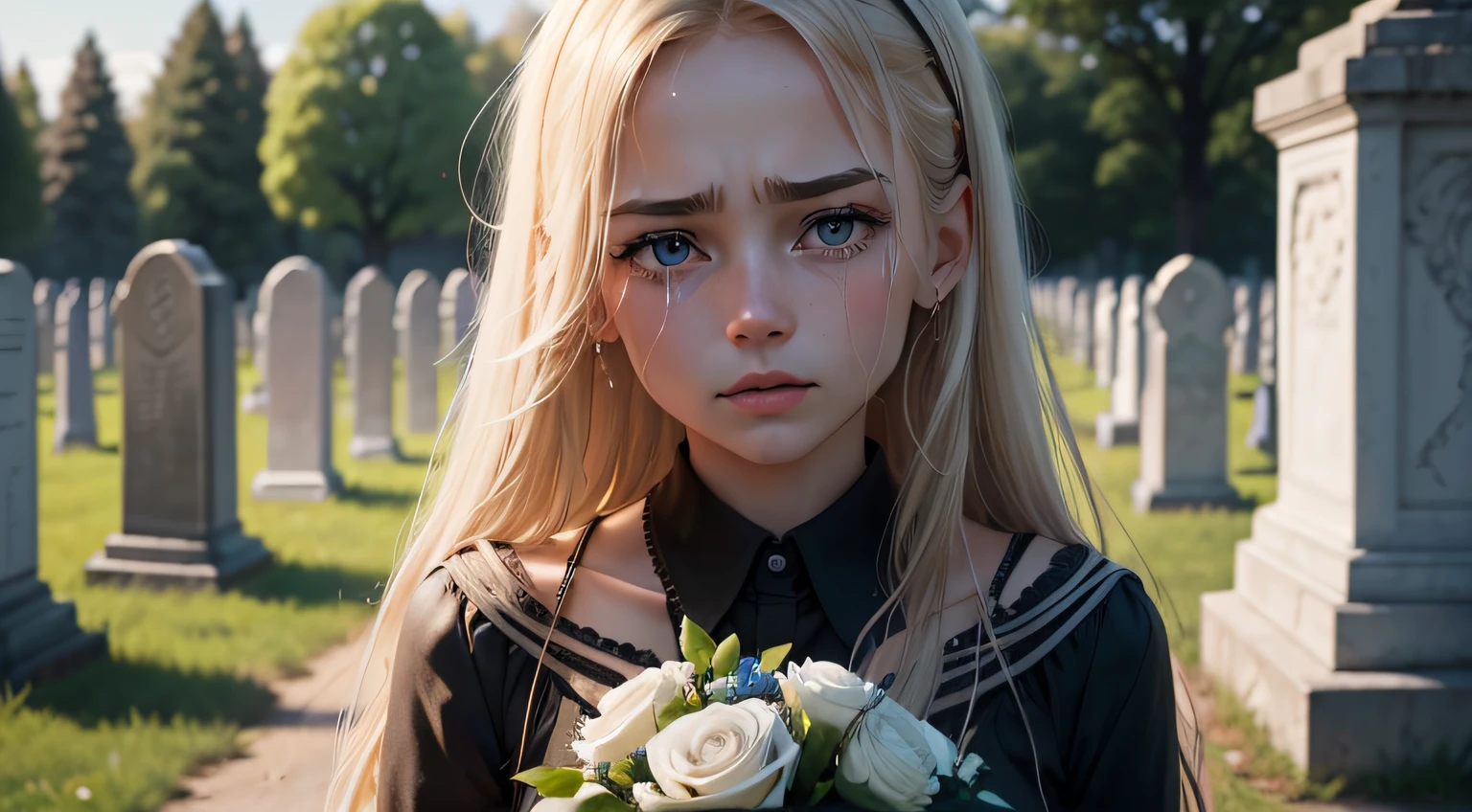 un fille, russe, long cheveux blond, yeux bleu magnifique, Crying and sad in a cemetery holding a bouquet of black roses, ultra realist