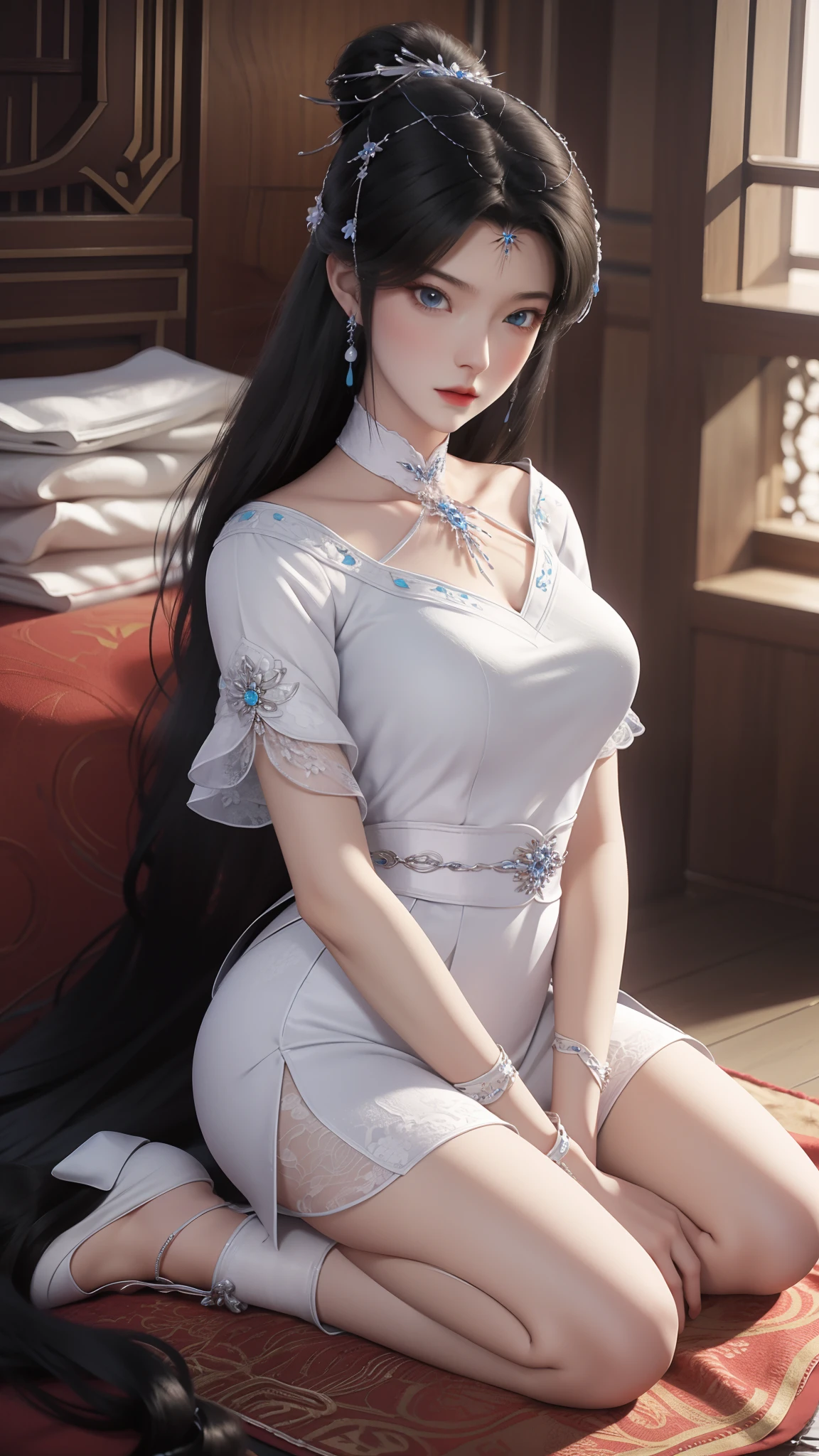 Anime woman kneeling on blanket, one-girl，Wearing a white dress、Hair flutters，Long black hair、adolable，Pure，21yo、Light blue lace dress、Red blush、(((Beth)))，high-heels，full bodyesbian，full body pov,highly detailed exquisite fanart,animemanga girl，Delicate facial features，delicate finger，Obvious joints，Wearing white silk，Can't see the thighs