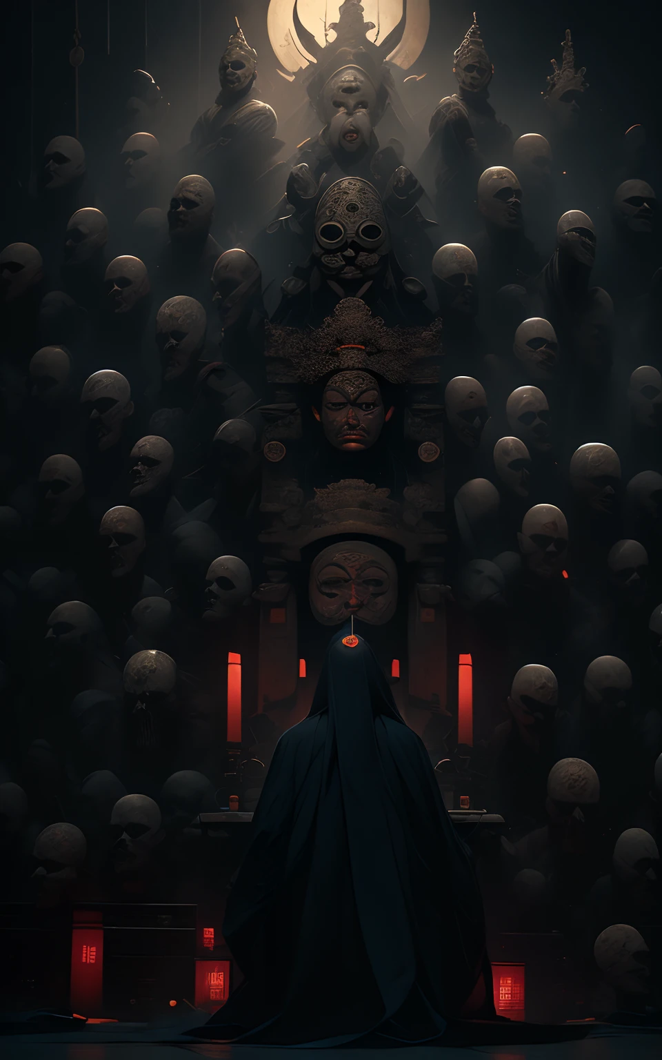 Death meditating in front of a bunch of masks, Al estilo de Zhang Jingna, Fotomontaje, Hirohiko Araki, oriental, Sergio Toppi, Teatral, poster art
(cuerpo completo:1.5),