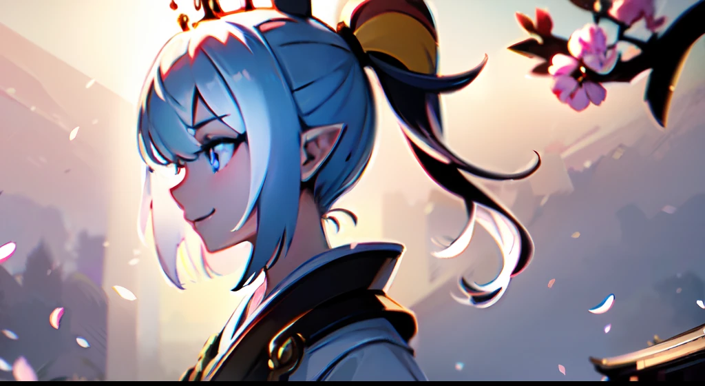 unity,strong rim light,masterpiece,griffin girl,HighestQuali,Bright light at the bottom,griffin ears,Perfect face,Animated CG,balmy,adolable,Gradient pupil color,Beautiful composition,infinite details,Best light and shadow,solo person,solo,Lilac eyes,Eye highlights,pale-blonde hair,Works of masters,(tmasterpiece),Anime comic style,(adolable),happy laughing,Eliminate low-level errors,Eye detail optimization,Ray traching,(Pupil focusing),infinite details,divino,crown of head,like a knight,miko attire,Japanese shrine,the cherry trees,outside,:9,walking,ponytail,from side,