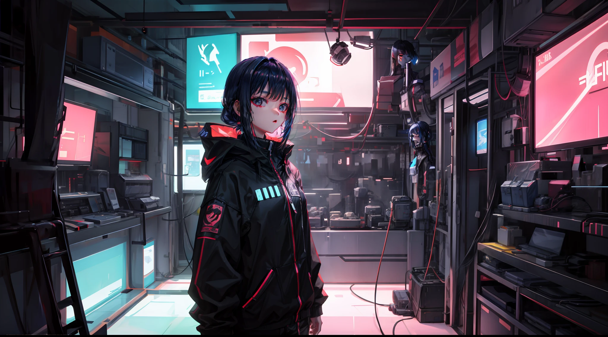 1 girl, upper body, single focus, cybernetic enhancements, sleek cyberpunk attire with a space theme, (cosmic backdrop: 1.4), (intergalactic hackers: 1.3), cybernetic features, futuristic aura, [depth of field, ambient lighting, cyberpunk style foreground, cyber-enhanced look], Space Cyberpunk, interstellar hacking, cybernetic adventures, (neon elements), (futuristic accessories: 1.2), intricate details, enhanced lighting.
