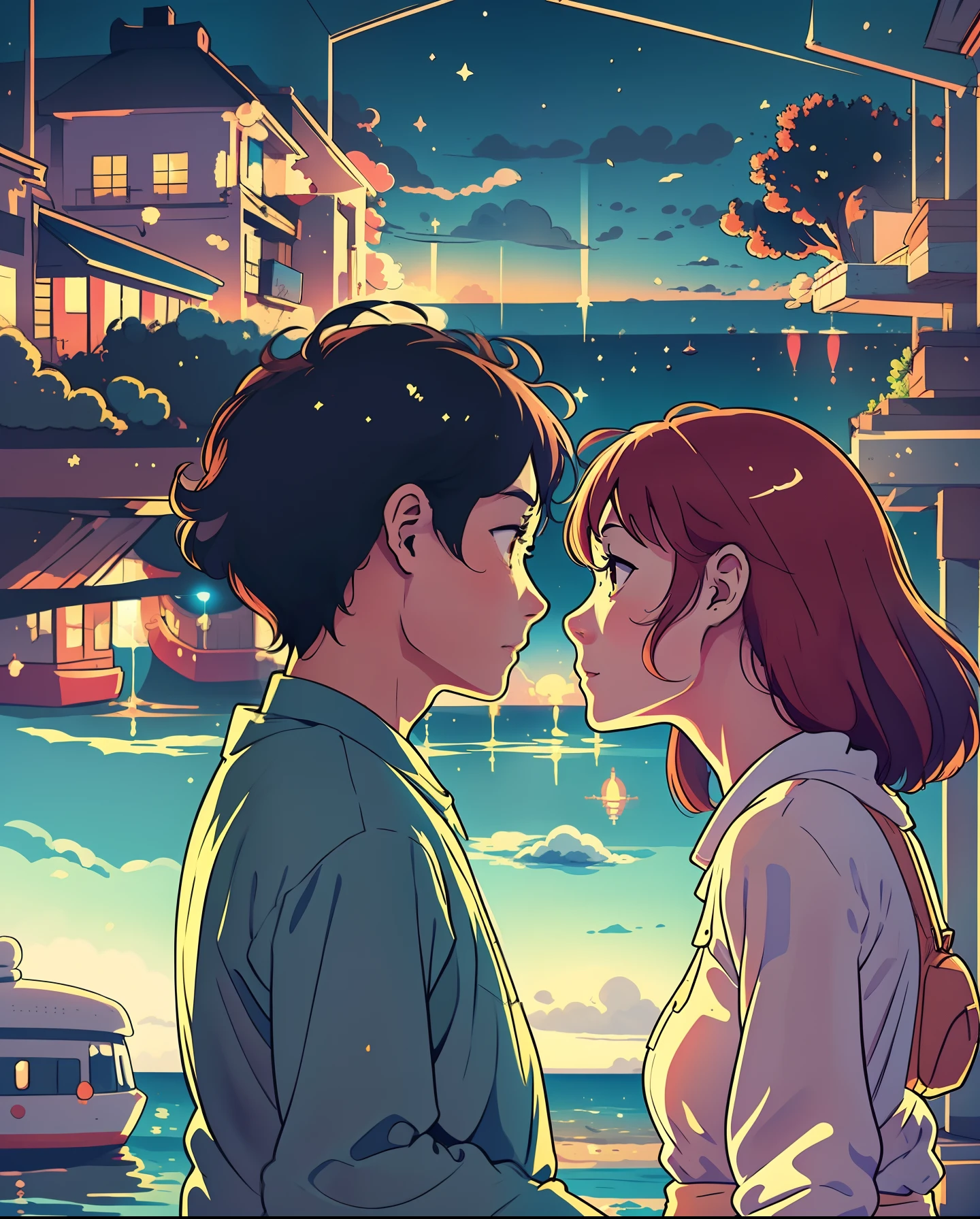 A captivating comic strip showcasing the life of an anime college student standing by the sea, each panel split in a cartoon-style format. The exceptional storyboard unfolds a masterpiece of a romantic couple under a bright starry sky. The scene is reminiscent of Makoto Shinkai's iconic style, with a touch of Pisif's concept-art. The entire composition is presented in a lofi art style, emphasizing reflection. Width 672 pixels, capturing the detailed scenery in the style of Makoto Shinkai, with enhanced detail