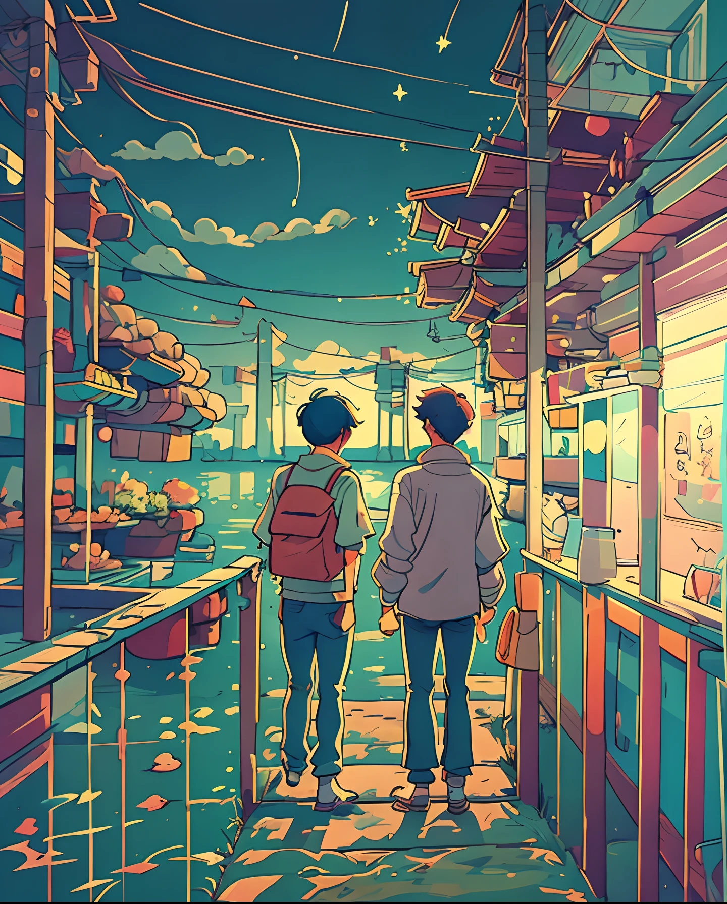 A captivating comic strip showcasing the life of an anime college student standing by the sea, each panel split in a cartoon-style format. The exceptional storyboard unfolds a masterpiece of a romantic couple under a bright starry sky. The scene is reminiscent of Makoto Shinkai's iconic style, with a touch of Pisif's concept-art. The entire composition is presented in a lofi art style, emphasizing reflection. Width 672 pixels, capturing the detailed scenery in the style of Makoto Shinkai, with enhanced detail