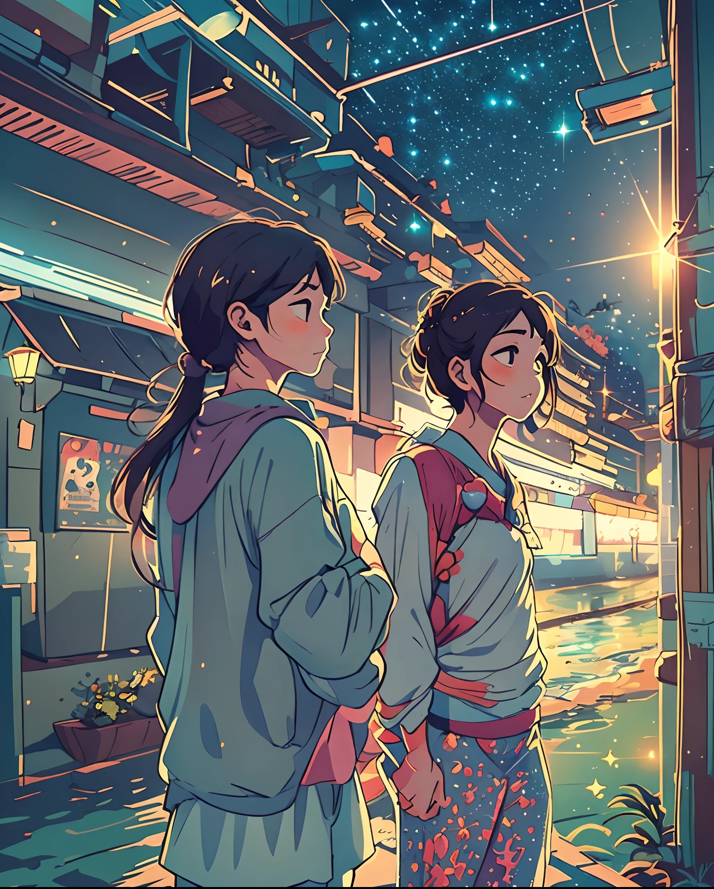 An exceptional storyboard in a comic strip format, bringing to life the journey of an anime college student gazing at the sea under a bright starry sky. The romantic couple's story unfolds in the style of Makoto Shinkai's picturesque scenes, with a touch of Pisif's concept-art. The lofi art style adds a unique charm, emphasizing reflection. The width of 672 pixels allows for intricate details, capturing the essence of Makoto Shinkai's style with enhanced detail.