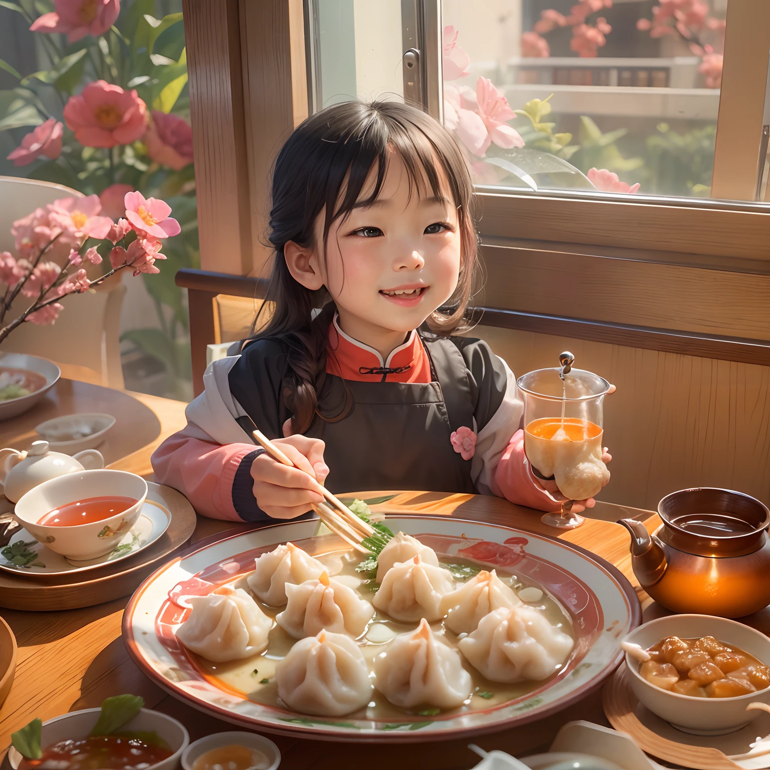 Chinese restaurant, A 5--old l sits at a dining table, ssmile, Flower tea on the table ,Chinese dim sum, Pork intestine powder, Shrimp dumplings, Sunlight outside the window.