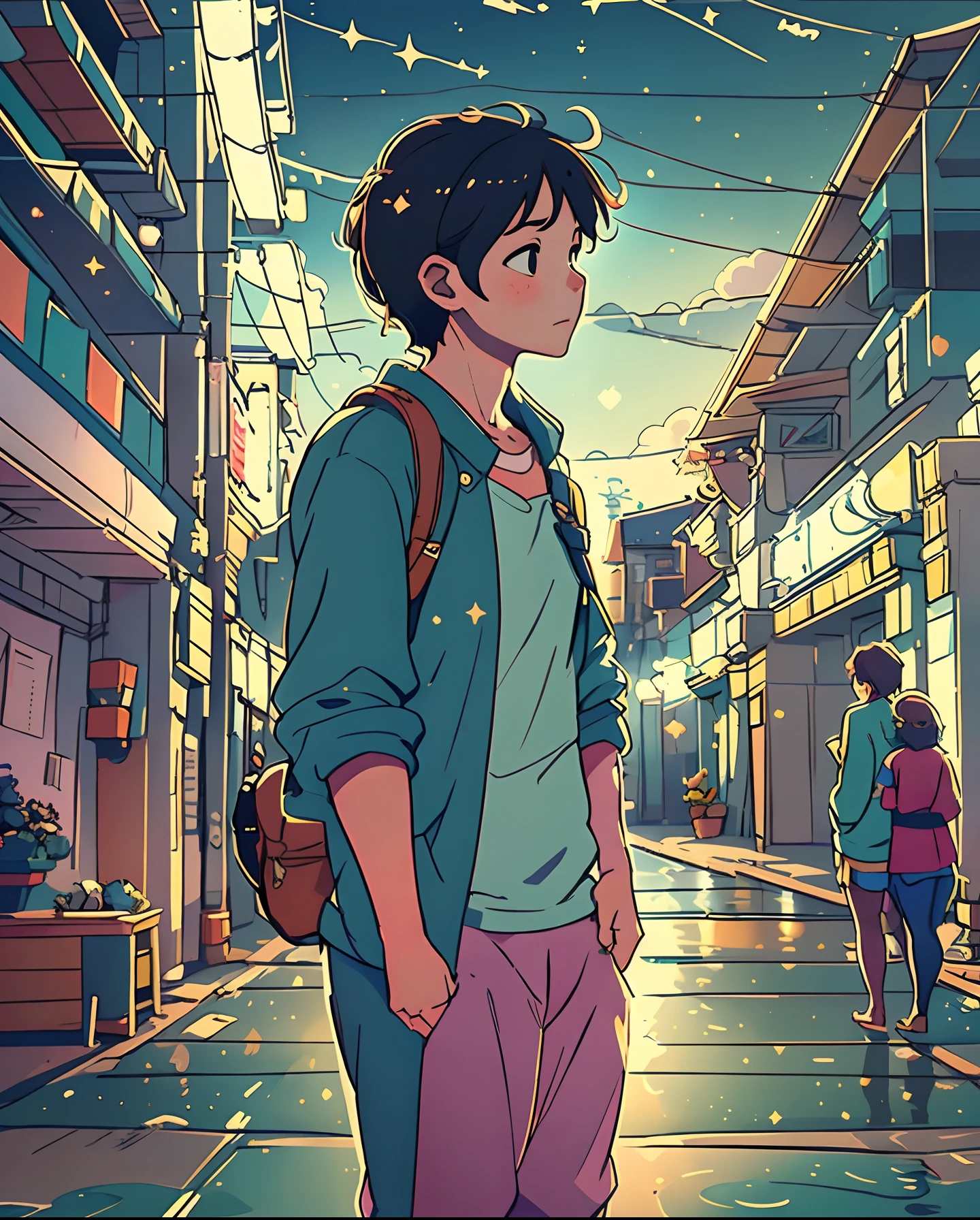 Create a remarkable storyboard in comic strip format, portraying an anime college student by the sea under a bright starry sky. The romantic couple's journey is depicted as a masterpiece in the style of Makoto Shinkai's iconic pictures, with a hint of Pisif's concept-art. Employ the lofi art style to infuse a unique ambiance, focusing on reflection. Maintain a width of 672 pixels for intricate detailing, embracing Makoto Shinkai's style with enhanced detail