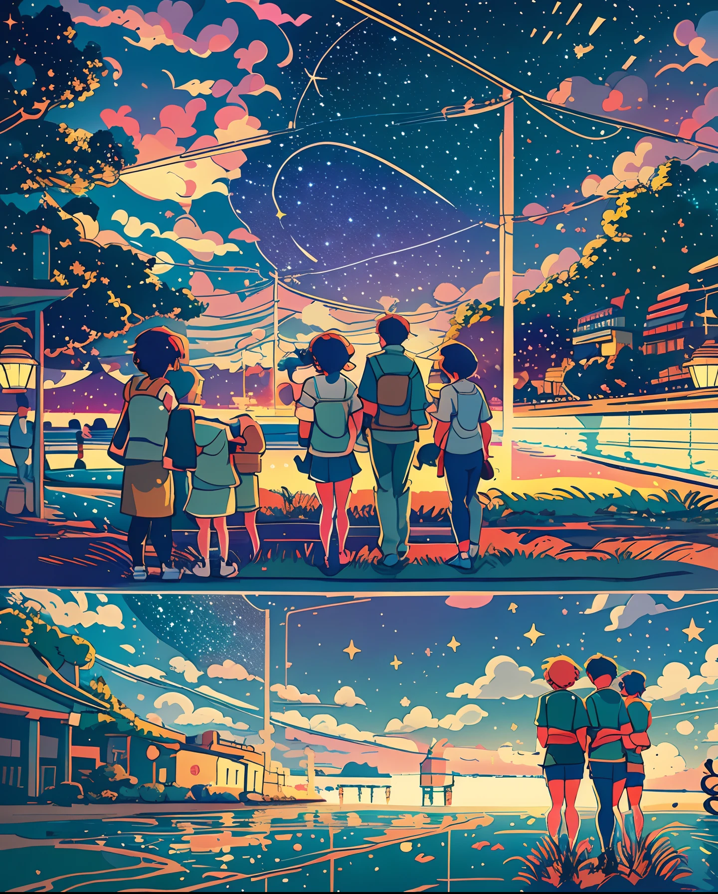 Create a remarkable storyboard in comic strip format, portraying an anime college student by the sea under a bright starry sky. The romantic couple's journey is depicted as a masterpiece in the style of Makoto Shinkai's iconic pictures, with a hint of Pisif's concept-art. Employ the lofi art style to infuse a unique ambiance, focusing on reflection. Maintain a width of 672 pixels for intricate detailing, embracing Makoto Shinkai's style with enhanced detail