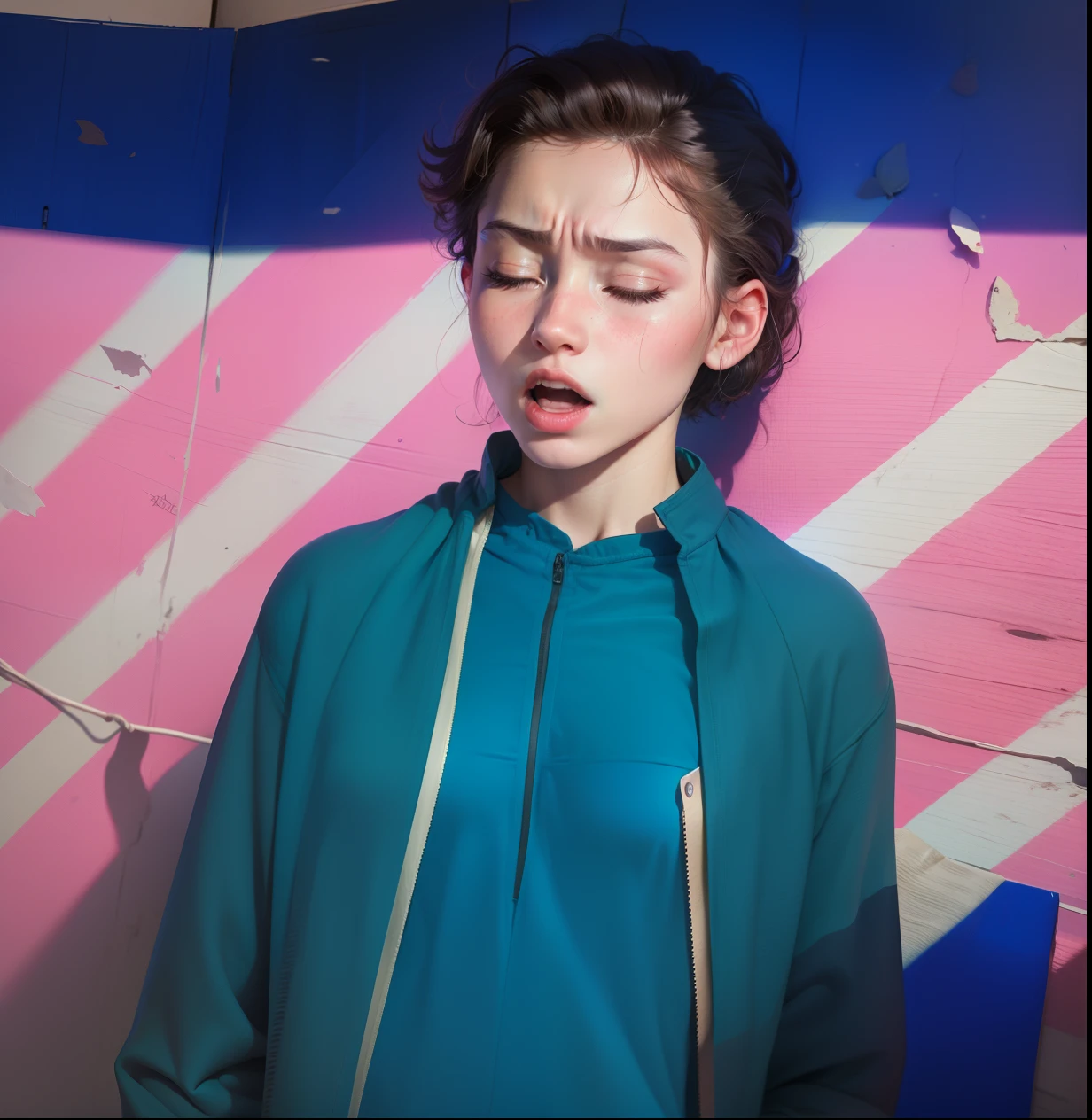 8yk、Raw photo、(masuter piece)、(finely best quality)、Hi-Res、(girl)、(realisitic、Hphotorealistic:1.2), Upper body、Red camisole、Facing up、skinny、14years、small tits、Eyes closed、Deep sadness、Sorrow、look up sky、Open mouth、screeming、a room、Background blur