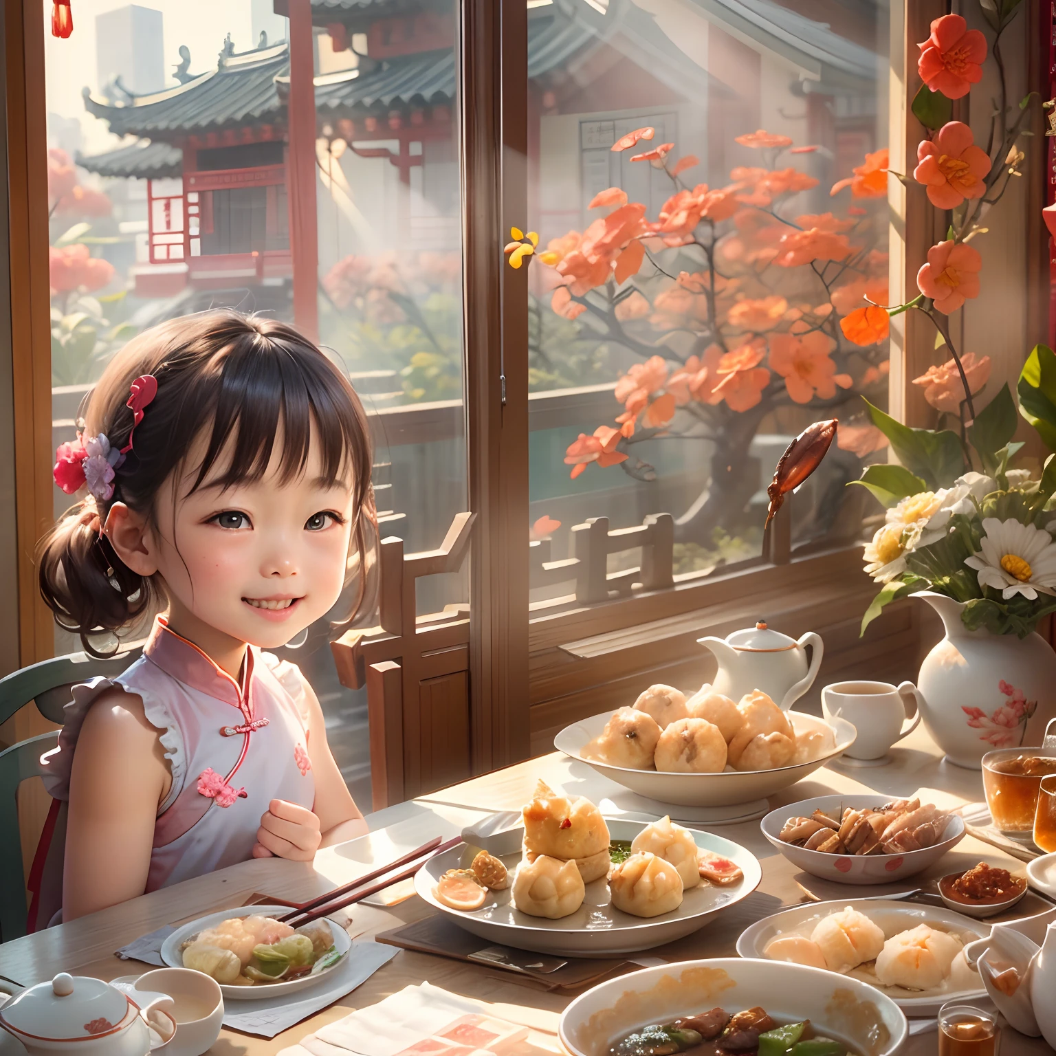 Chinese restaurant, A 5--old l sits at a dining table, ssmile, Flower tea on the table ,Chinese dim sum, Pork intestine powder, Shrimp dumplings, Sunlight outside the window.