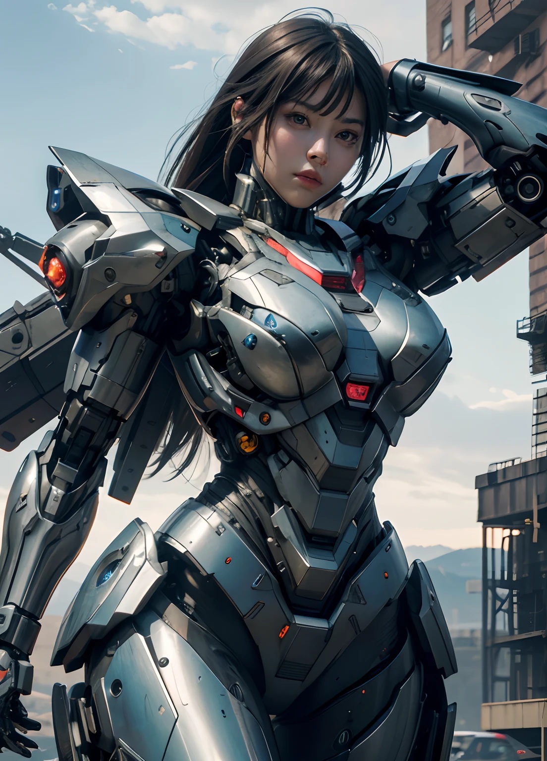 rough skin, Super detailed, advanced details, high quality, 最high quality, High resolution, 1080P, hard disk, beautiful,(War Machine),Beautiful cyborg woman,Mecha cyborg girl,battle mode,Mecha body girl,She's wearing a futuristic War Machine mech,full body shot